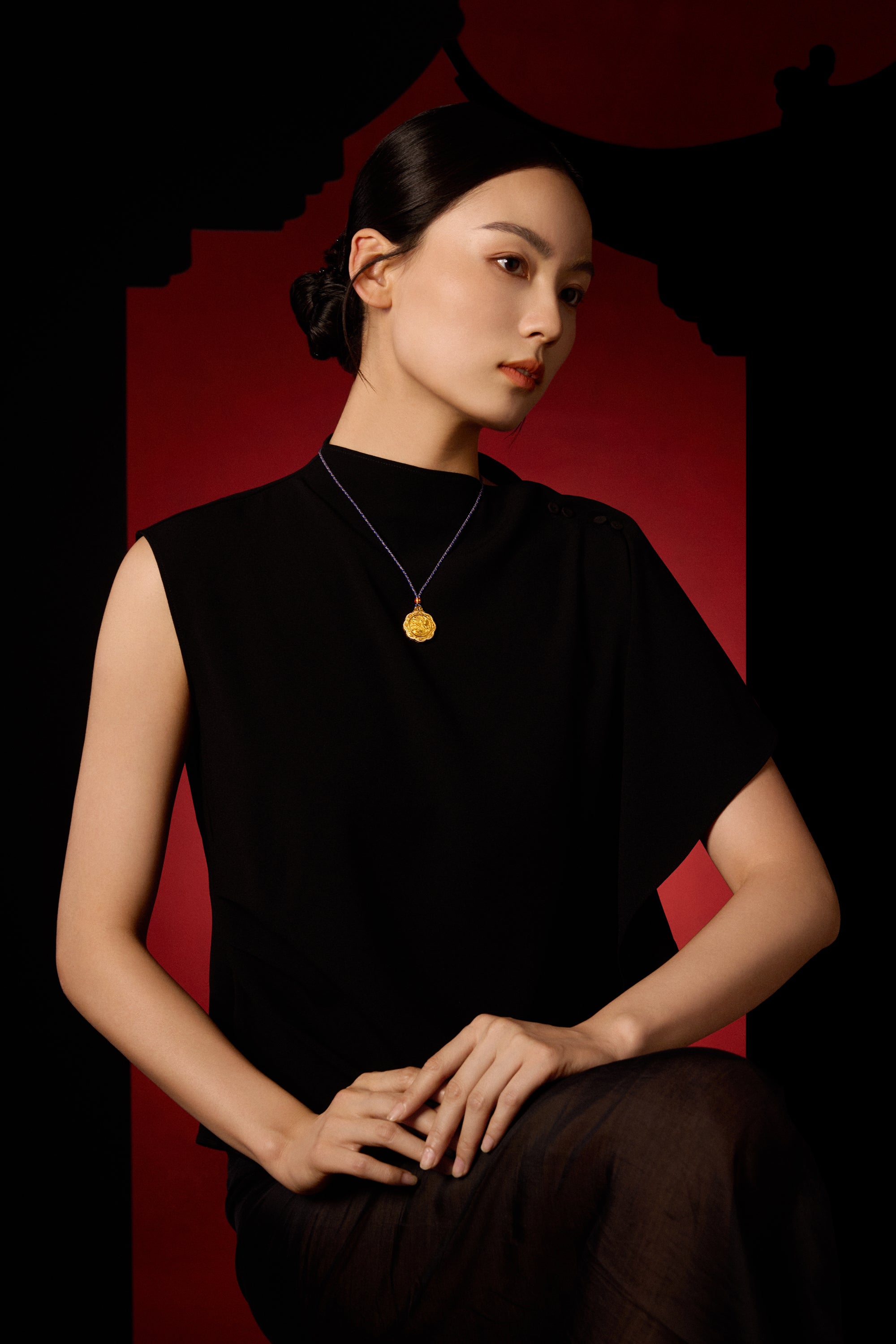 "Chinese Culture Collection - Dan Qing" 24K Gold Pendant Braided Rope Diamond 0.03ct 0.0019ct Ruby 0 Dragons & Phoenixes 20-24g W0440496