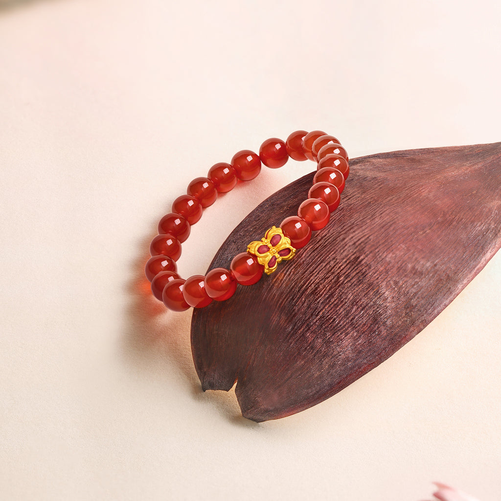 Jiuhua Mountain' 24K Gold Beaded Bracelet Agate Lotus Flower A1914661