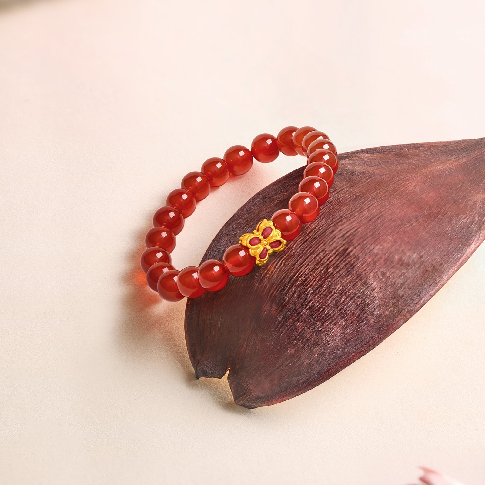 Jiuhua Mountain' 24K Gold Beaded Bracelet Agate Lotus Flower A1914661