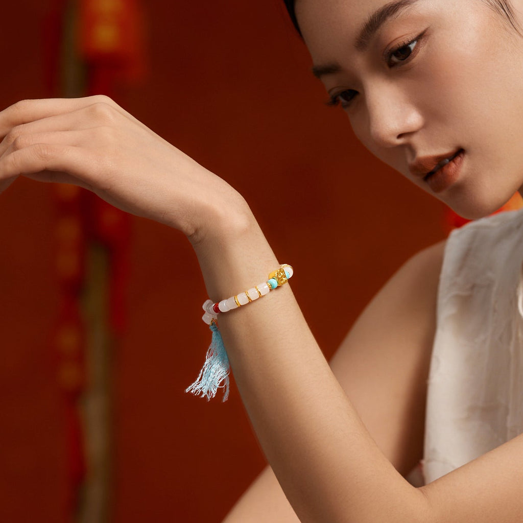 "Jiuhua Mountain" 24K Gold Beaded Bracelet Heitian Jade Turquoise Agate Ksitigarbha's Implements Y1915278