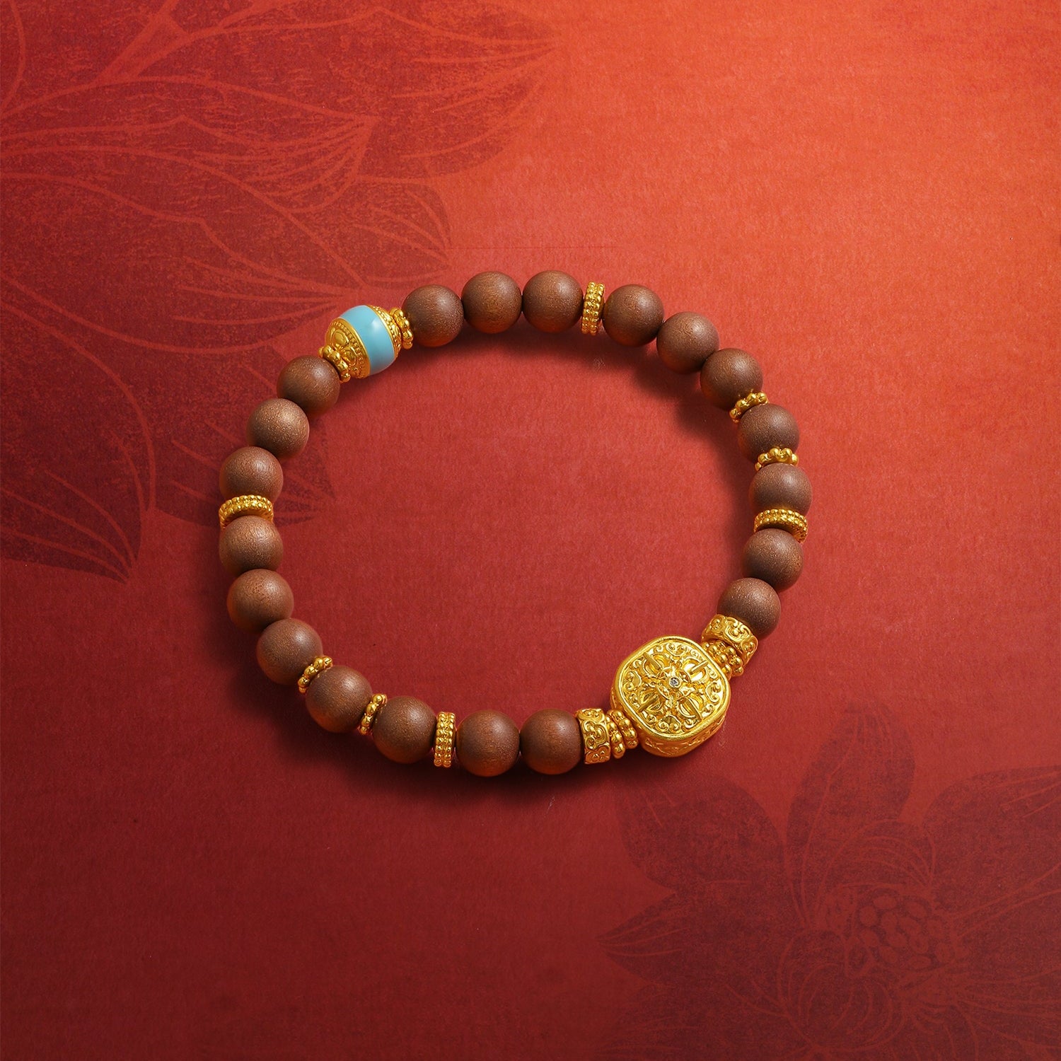 "Jiuhua Mountain" 24K Gold Sandalwood Beaded Bracelet Diamond Enamel Square Charm W1936217