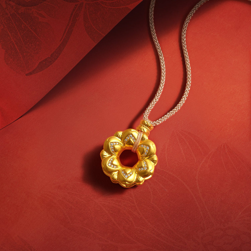 "Jiuhua Mountain" 24K Gold Diamond Lotus Flower Ring Pendant 0.0033ct W0436216