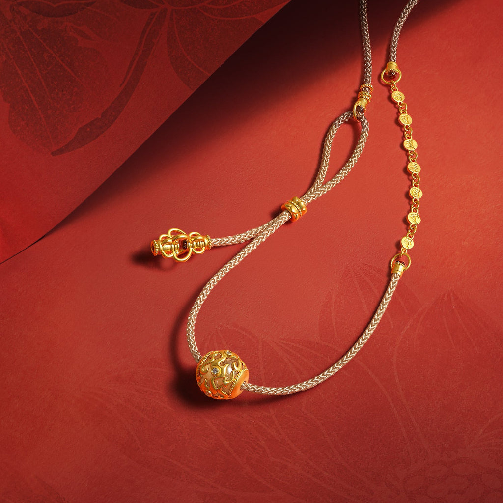 "Jiuhua Mountain" 24K Gold String Necklace Crystal Diamond Lotus Tassel Pendant 0.01ct W0436350