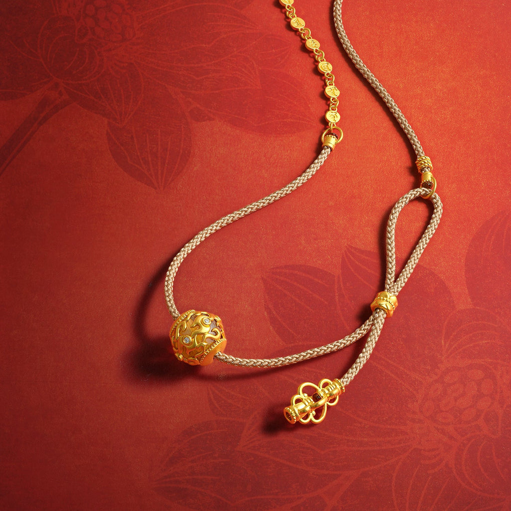 "Jiuhua Mountain" 24K Gold String Necklace Crystal Diamond Lotus Tassel Pendant 0.01ct W0436350
