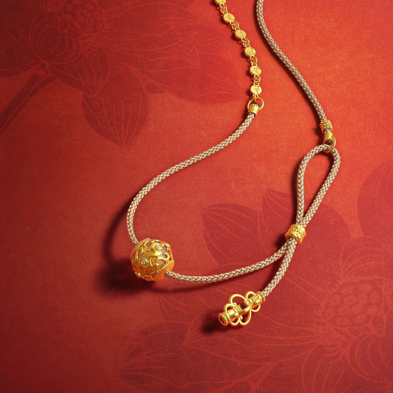 "Jiuhua Mountain" 24K Gold String Necklace Crystal Diamond Lotus Tassel Pendant 0.01ct W0436350