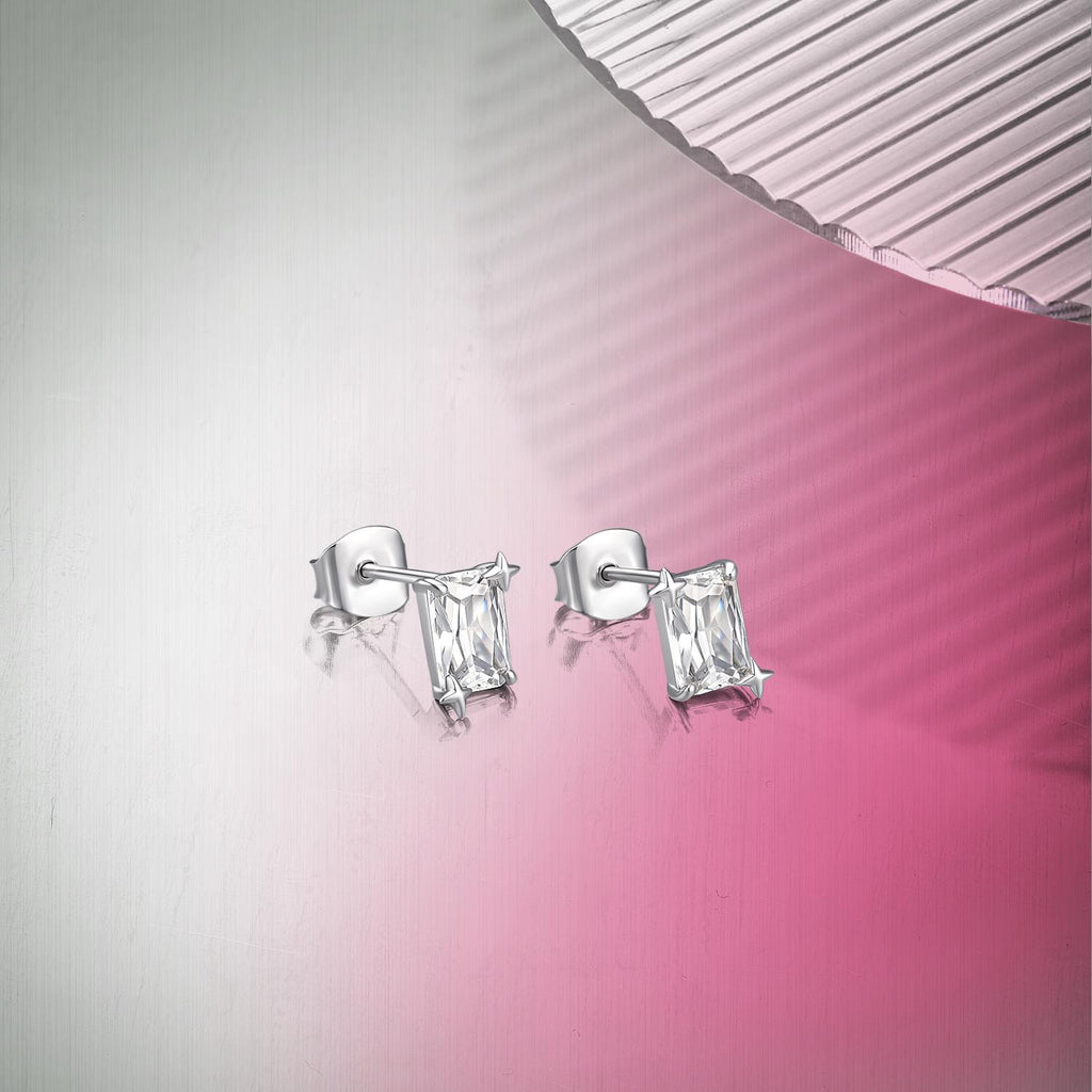 ZHOU LIU FU Rectangular Cut Cubic Zirconia Stud Earrings for Women 925 Sterling Silver 4 Prong Star Screw Back Minimalist Jewelry
