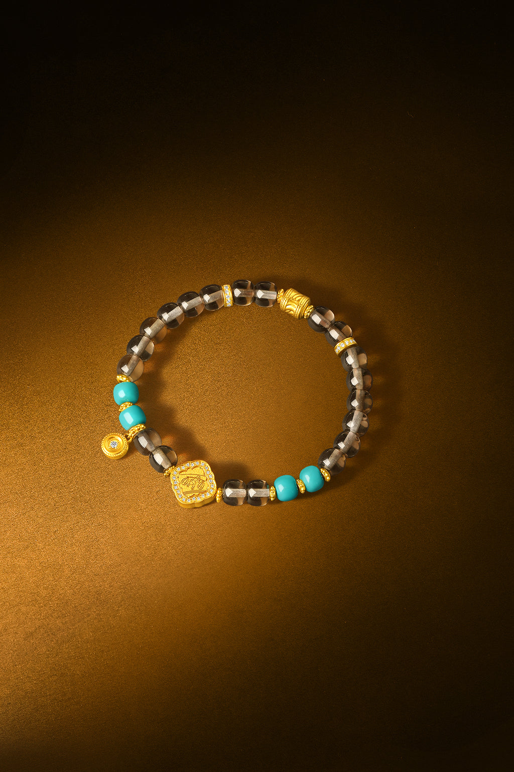 "Chinese Culture Collection - Dan Qing" 999 24K Gold Beaded Bracelet Crystal 6.9-7.4*6-6.5mm Diamond 0.0057ct Turquoise 5.5-8.5g J1950057