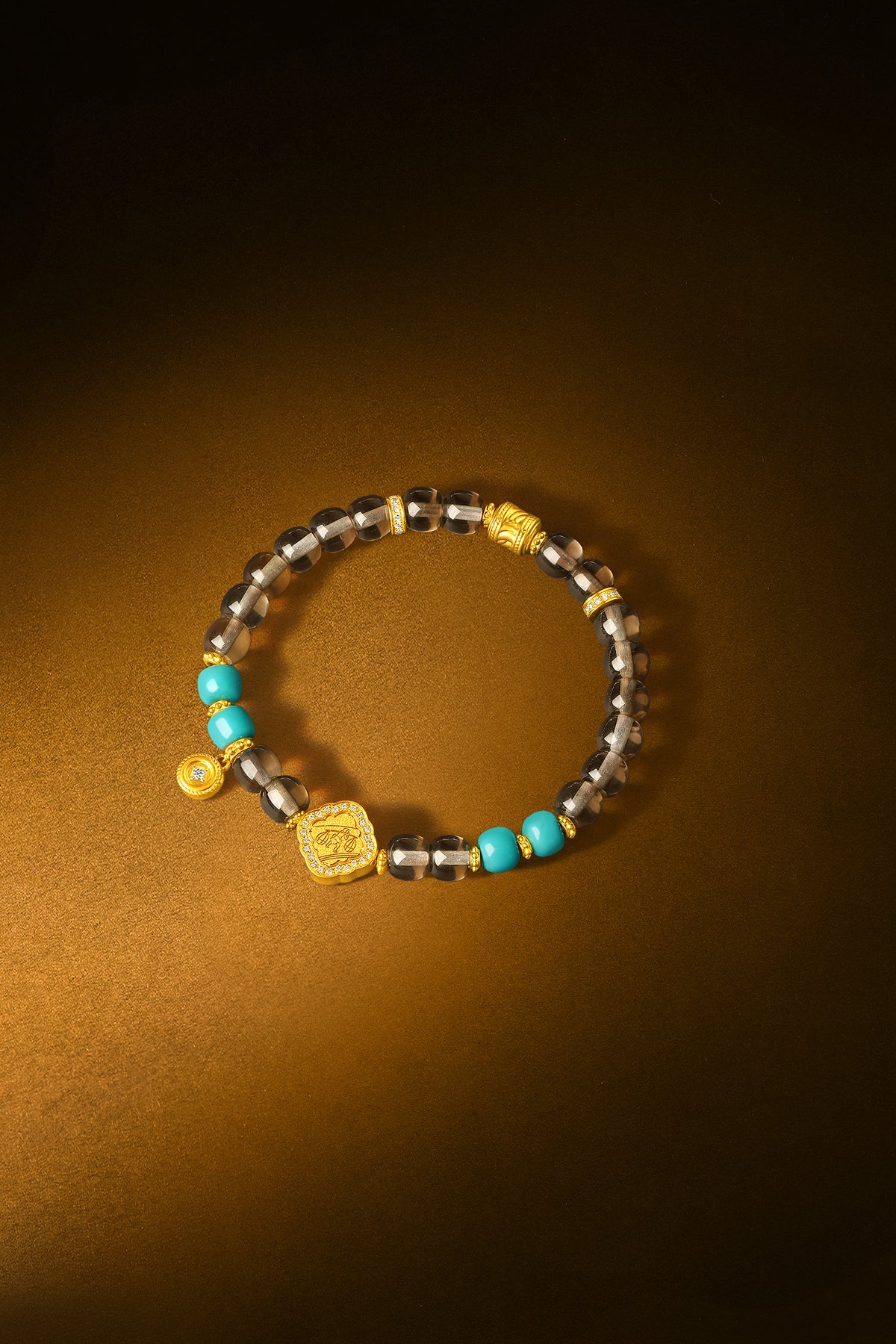 "Chinese Culture Collection - Dan Qing" 999 24K Gold Beaded Bracelet Crystal 6.9-7.4*6-6.5mm Diamond 0.0057ct Turquoise 5.5-8.5g J1950057