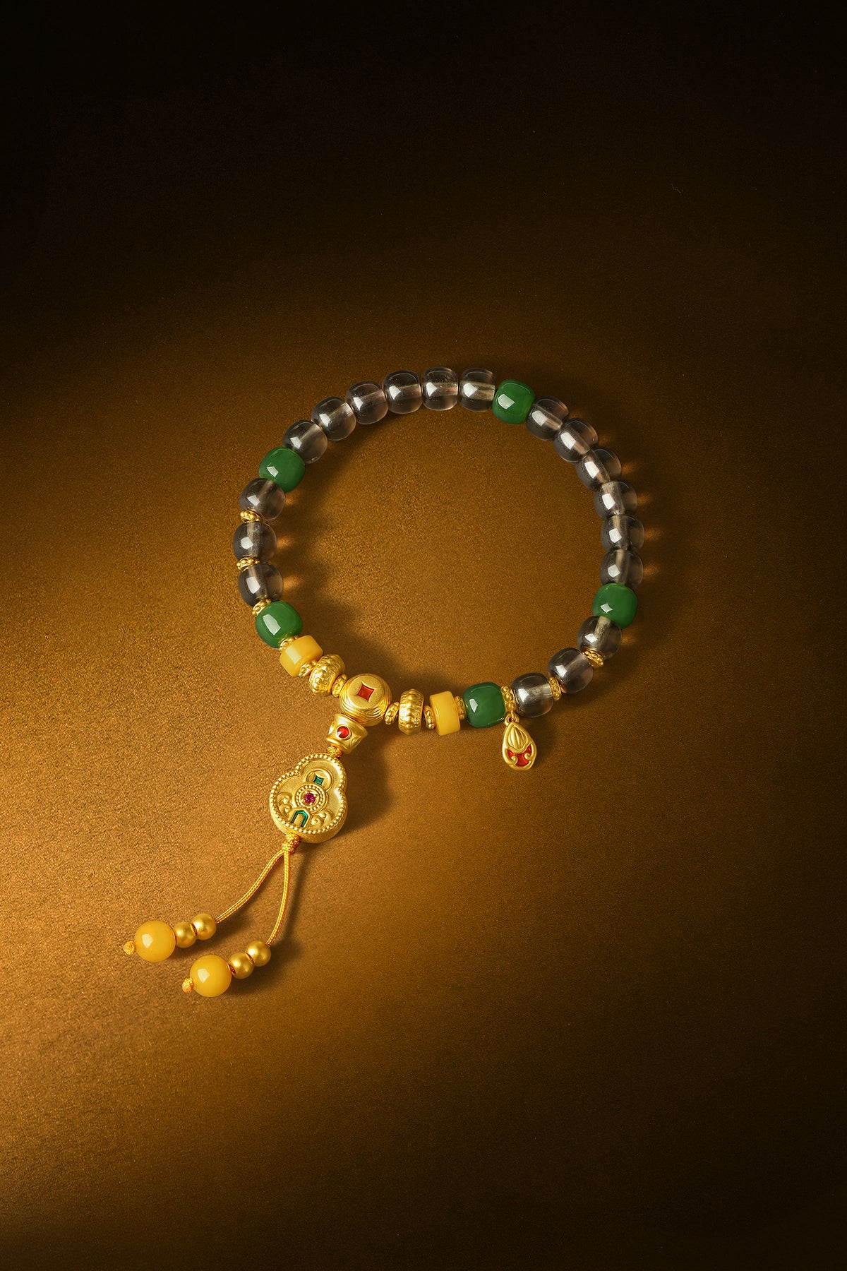"Chinese Culture Collection - Dan Qing" 999 24K Gold Beaded Bracelet Crystal 7-7.5*6.1-6.6mm Ruby 0.013ct Hetian Jade 6.5-7.0*3.5-4mm Gourd 7.2-10.2g J1950065