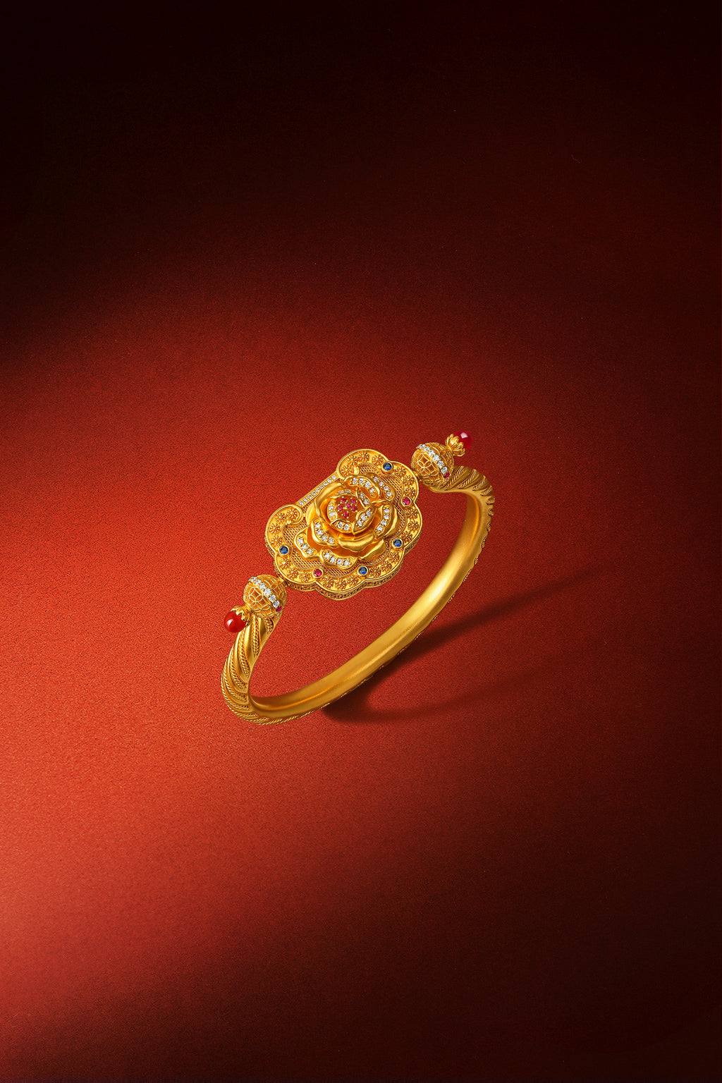 "Chinese Culture Collection - Dan Qing" 999 24K Gold Bangle Bracelet Diamond 0.0073ct Ruby 0.011ct Aquamarine 3.5-4mm Ruyi 67-77g W1050050
