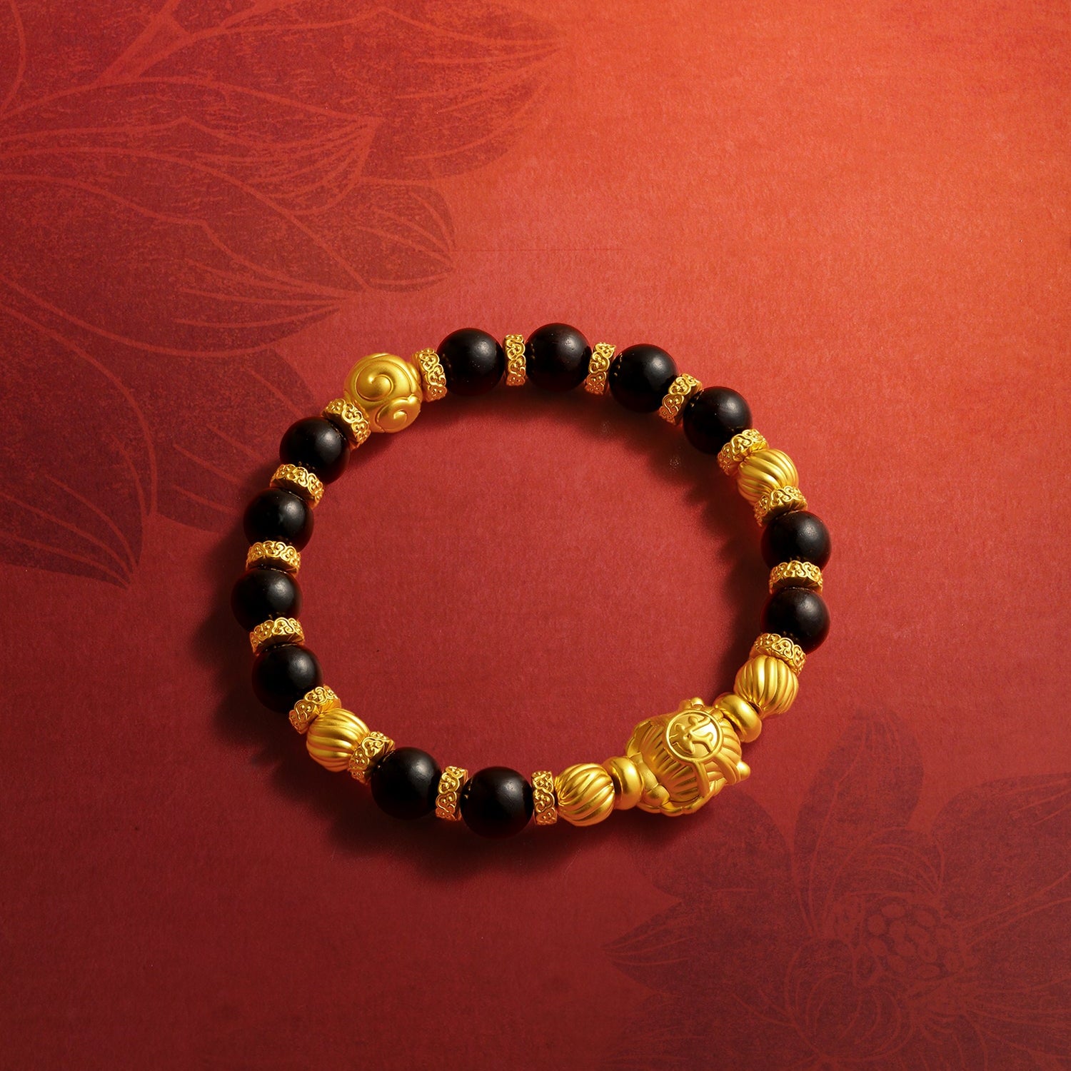 "Jiuhua Mountain" 24K Gold Small Leaf Red Sandalwood Beaded Bracelet Diamond Buddha Charm W1929456