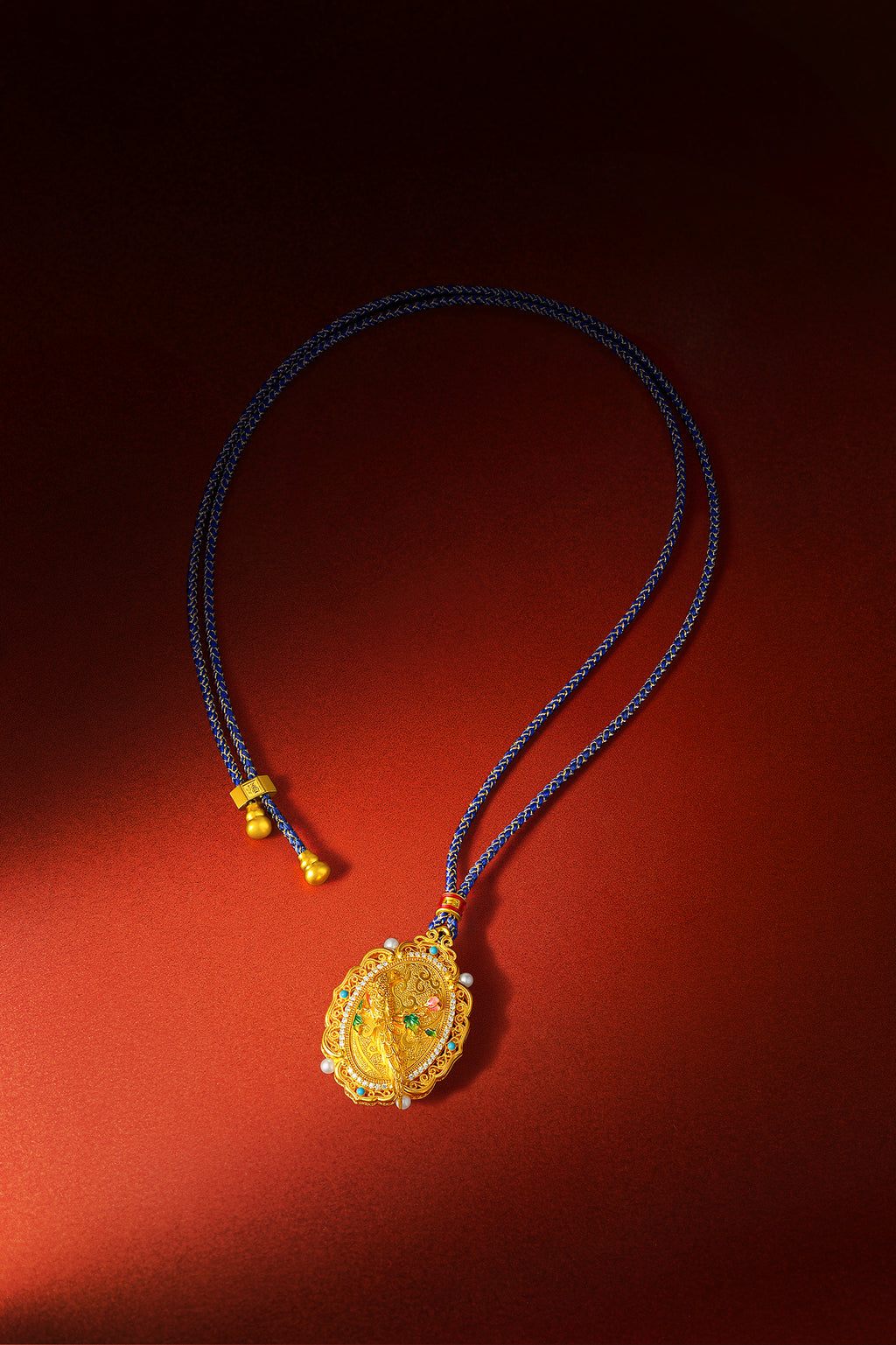 "Chinese Culture Collection - Dan Qing" 999 24K Gold String Pendant Diamond 0.0039ct Freshwater Pearl 2.5-3mm 31-38g W0449949