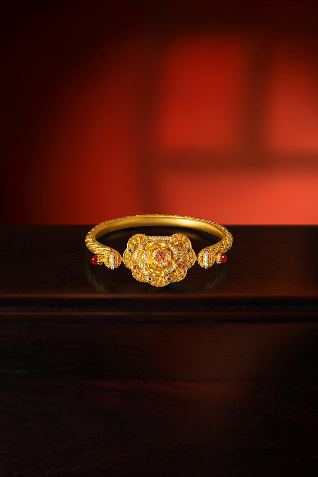 "Chinese Culture Collection - Dan Qing" 999 24K Gold Bangle Bracelet Diamond 0.0073ct Ruby 0.011ct Aquamarine 3.5-4mm Ruyi 67-77g W1050050