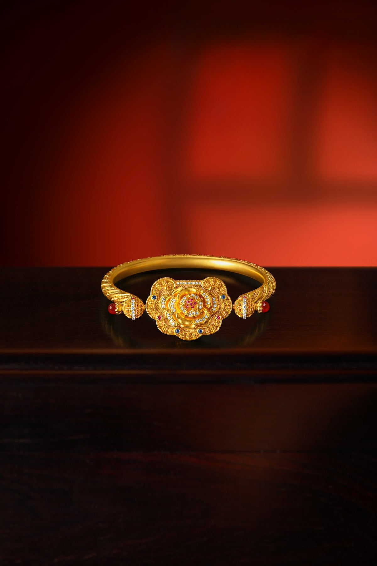 "Chinese Culture Collection - Dan Qing" 999 24K Gold Bangle Bracelet Diamond 0.0073ct Ruby 0.011ct Aquamarine 3.5-4mm Ruyi 67-77g W1050050
