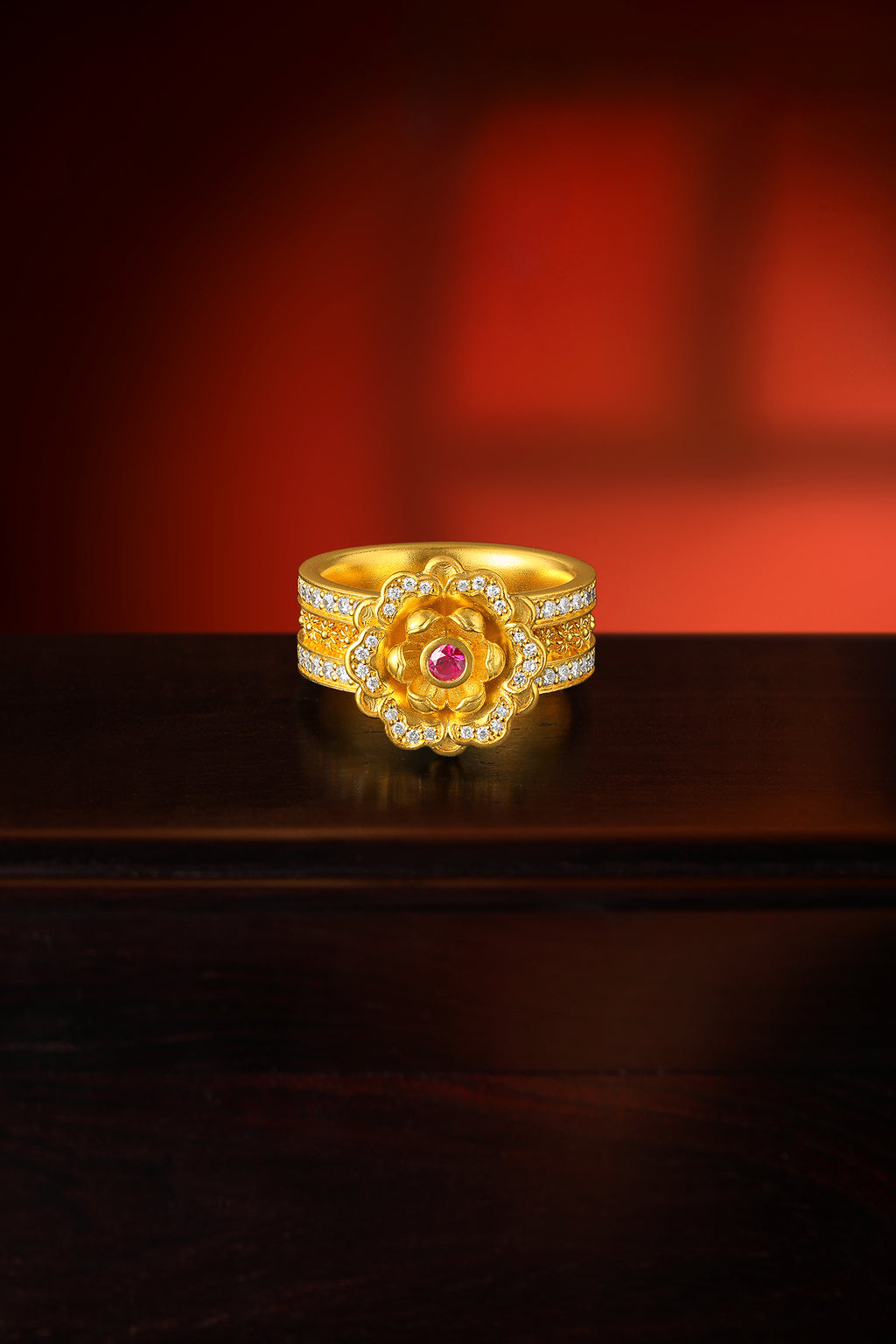 "Chinese Culture Collection - Dan Qing" 999 24K Gold Ring Diamond 0.0083ct Ruby 0.066ct 0 Floral 11.5-14.5g W0150055