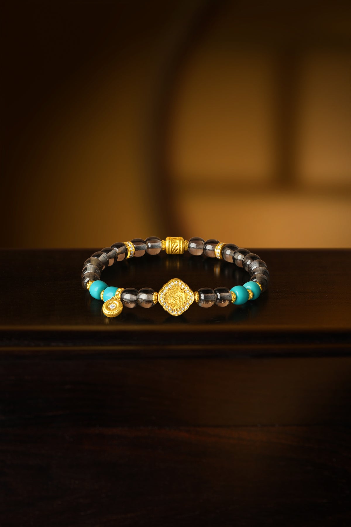 "Chinese Culture Collection - Dan Qing" 999 24K Gold Beaded Bracelet Crystal 6.9-7.4*6-6.5mm Diamond 0.0057ct Turquoise 5.5-8.5g J1950057