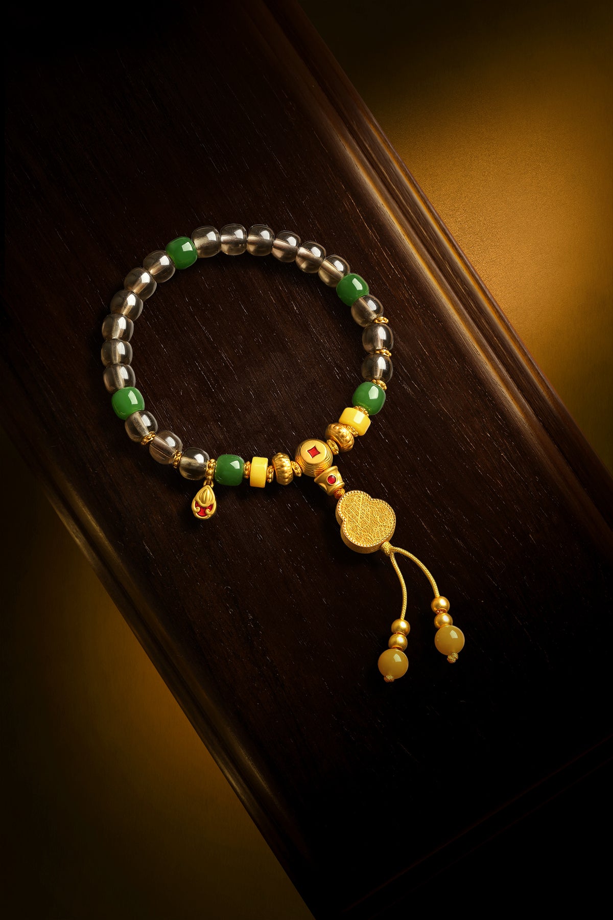 "Chinese Culture Collection - Dan Qing" 999 24K Gold Beaded Bracelet Crystal 7-7.5*6.1-6.6mm Ruby 0.013ct Hetian Jade 6.5-7.0*3.5-4mm Gourd 7.2-10.2g J1950065