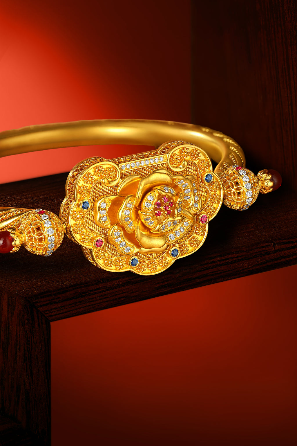 "Chinese Culture Collection - Dan Qing" 999 24K Gold Bangle Bracelet Diamond 0.0073ct Ruby 0.011ct Aquamarine 3.5-4mm Ruyi 67-77g W1050050