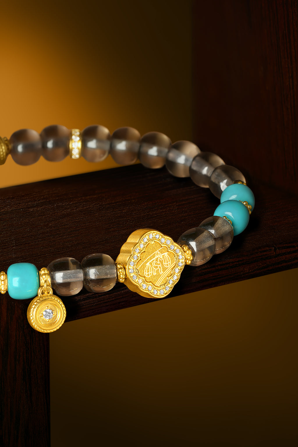 "Chinese Culture Collection - Dan Qing" 999 24K Gold Beaded Bracelet Crystal 6.9-7.4*6-6.5mm Diamond 0.0057ct Turquoise 5.5-8.5g J1950057