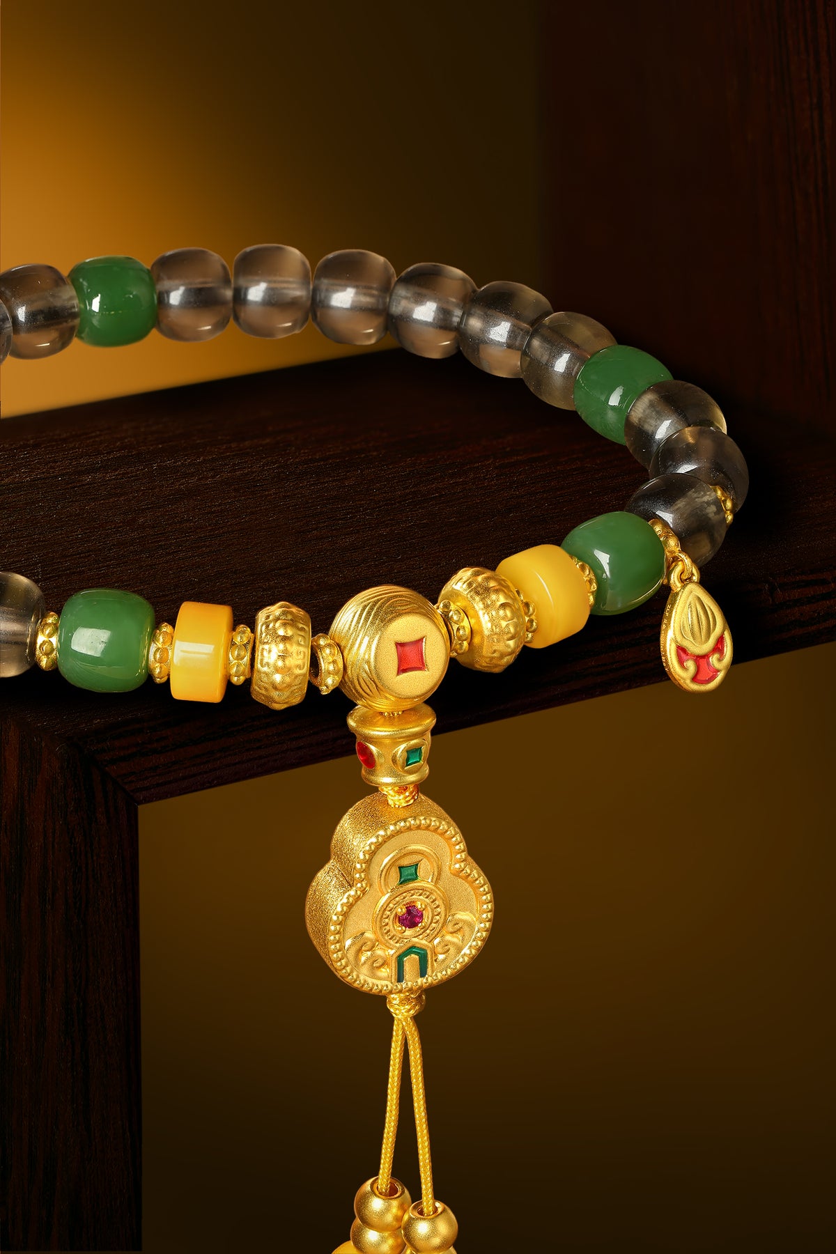 "Chinese Culture Collection - Dan Qing" 999 24K Gold Beaded Bracelet Crystal 7-7.5*6.1-6.6mm Ruby 0.013ct Hetian Jade 6.5-7.0*3.5-4mm Gourd 7.2-10.2g J1950065