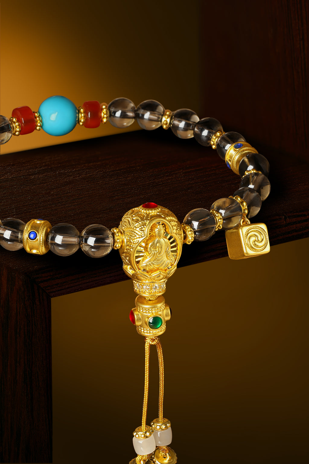 "Chinese Culture Collection - Dan Qing" 999 24K Gold Beaded Bracelet Crystal 6-6.5mm Diamond 0.009ct Turquoise 5.5-6mm 9-11.5g J1950054