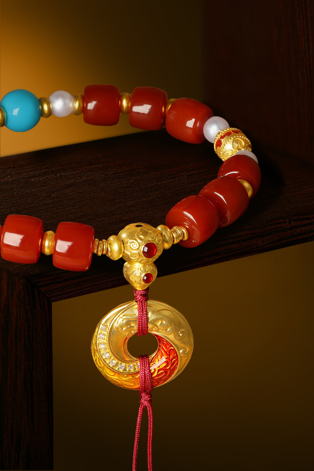 "Chinese Culture Collection - Dan Qing" 999 24K Gold Beaded Bracelet Agate 8-8.5*7-7.5mm Diamond 0.005ct Freshwater Pearl 8-8.5mm Gourd 6.5-9.5g J1950047