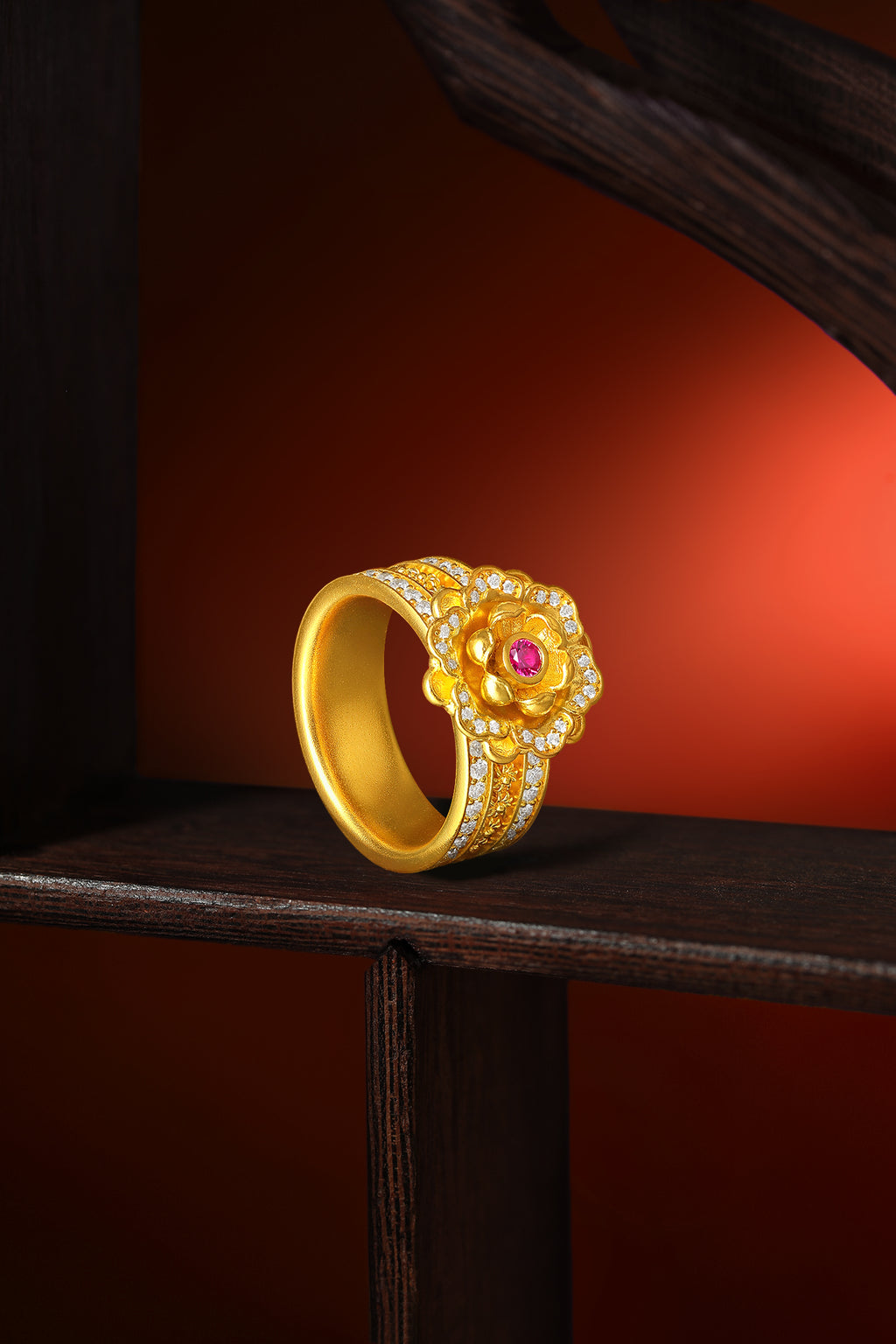 "Chinese Culture Collection - Dan Qing" 999 24K Gold Ring Diamond 0.0083ct Ruby 0.066ct 0 Floral 11.5-14.5g W0150055
