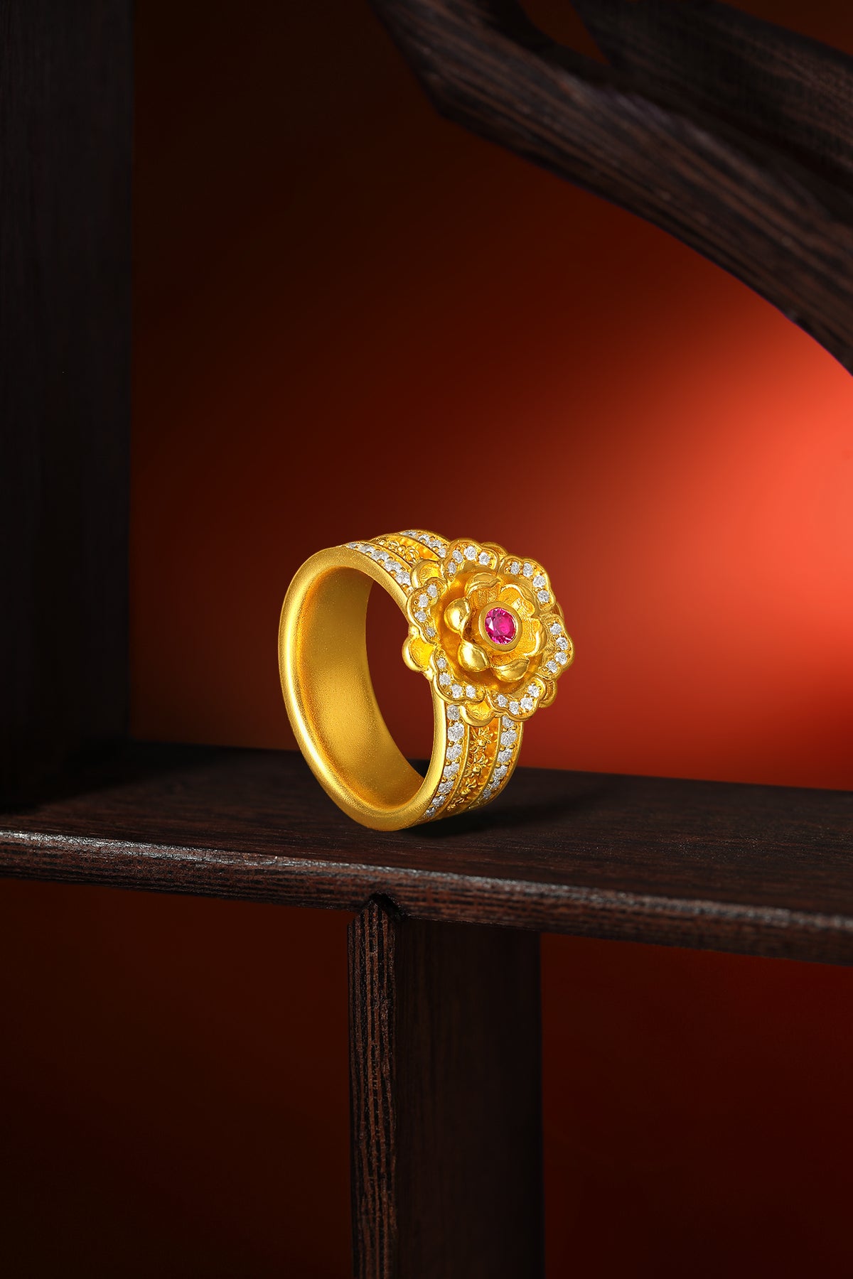 "Chinese Culture Collection - Dan Qing" 999 24K Gold Ring Diamond 0.0083ct Ruby 0.066ct 0 Floral 11.5-14.5g W0150055