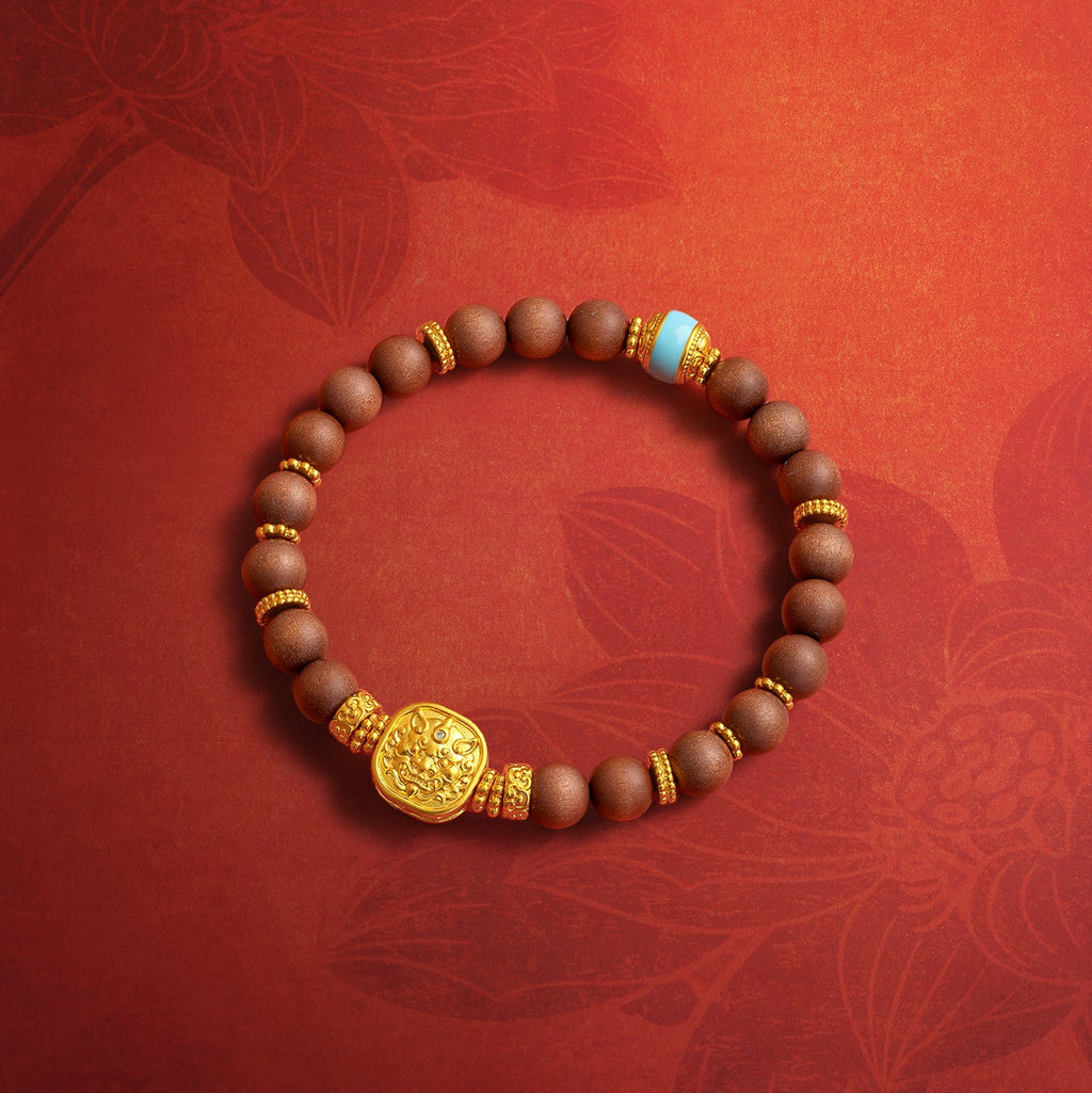 "Jiuhua Mountain" 24K Gold Sandalwood Beaded Bracelet Diamond Enamel Square Charm W1936217