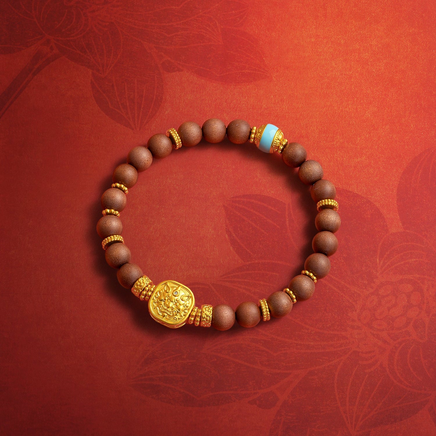 "Jiuhua Mountain" 24K Gold Sandalwood Beaded Bracelet Diamond Enamel Square Charm W1936217