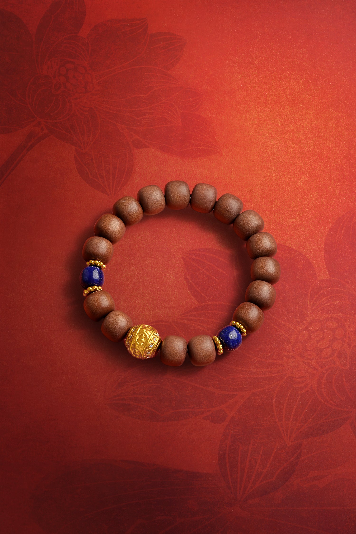 "Jiuhua Mountain" 24K Gold Beaded Bracelet Wood Lapis Lazuli Buddha Sculpture 8.5*7.5mm 18cm J1935607