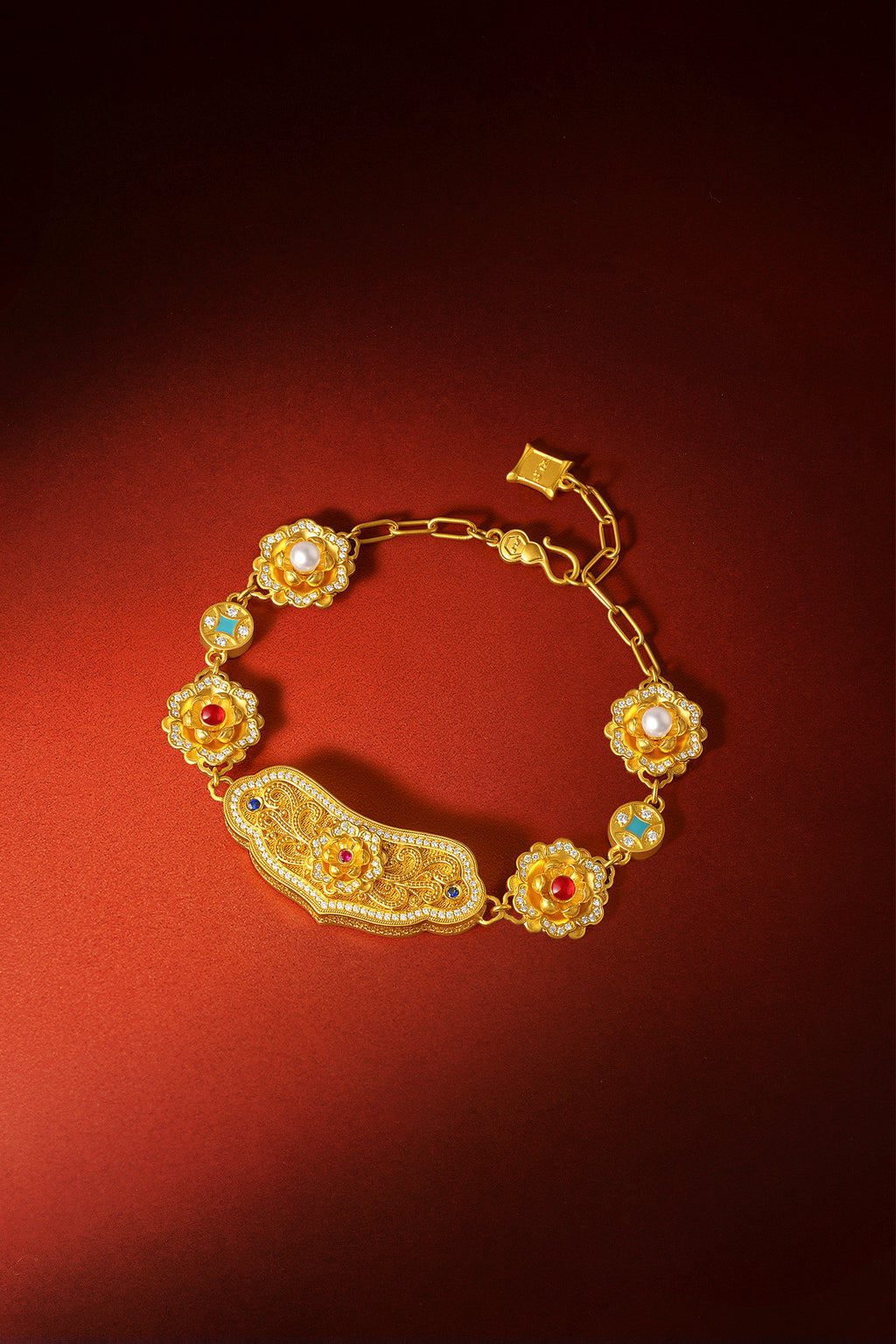 "Chinese Culture Collection - Dan Qing" 999 24K Gold Chain Bracelet Diamond 0.003ct Ruby 0.015ct Aquamarine 3-3.5mm Ruyi 35-41g W0750082