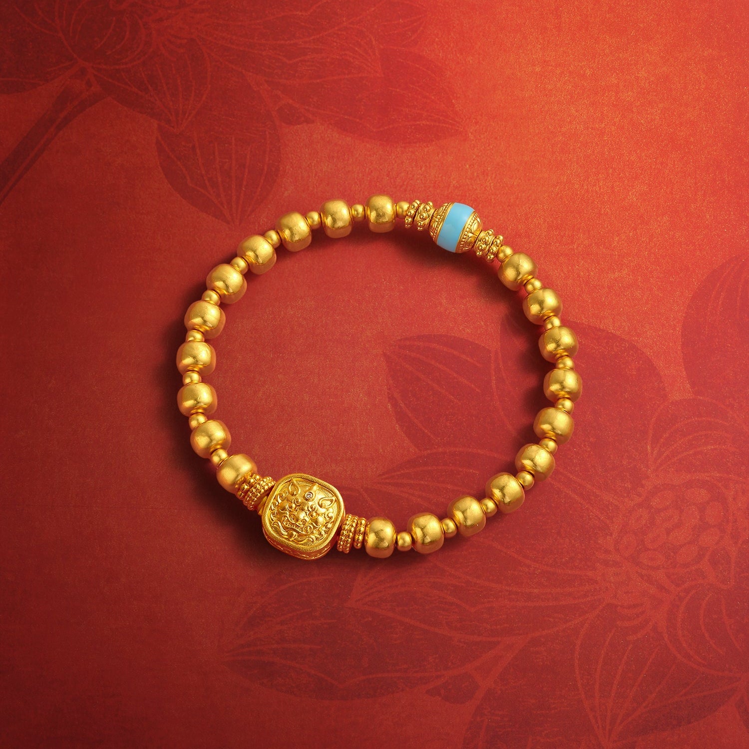 "Jiuhua Mountain" 24K Gold Beaded Bracelet Diamond Enamel Square Charm W1945663
