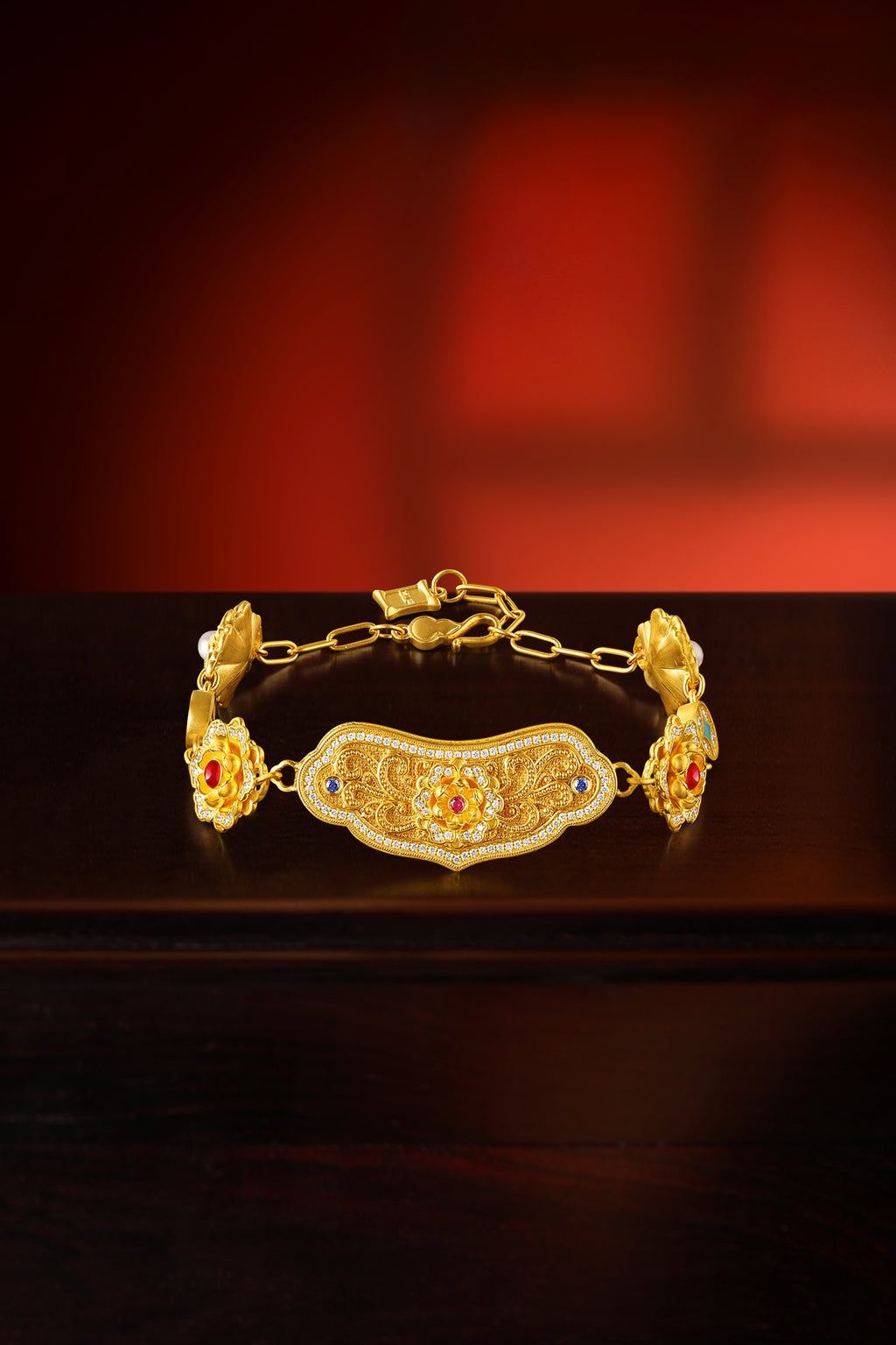 "Chinese Culture Collection - Dan Qing" 999 24K Gold Chain Bracelet Diamond 0.003ct Ruby 0.015ct Aquamarine 3-3.5mm Ruyi 35-41g W0750082