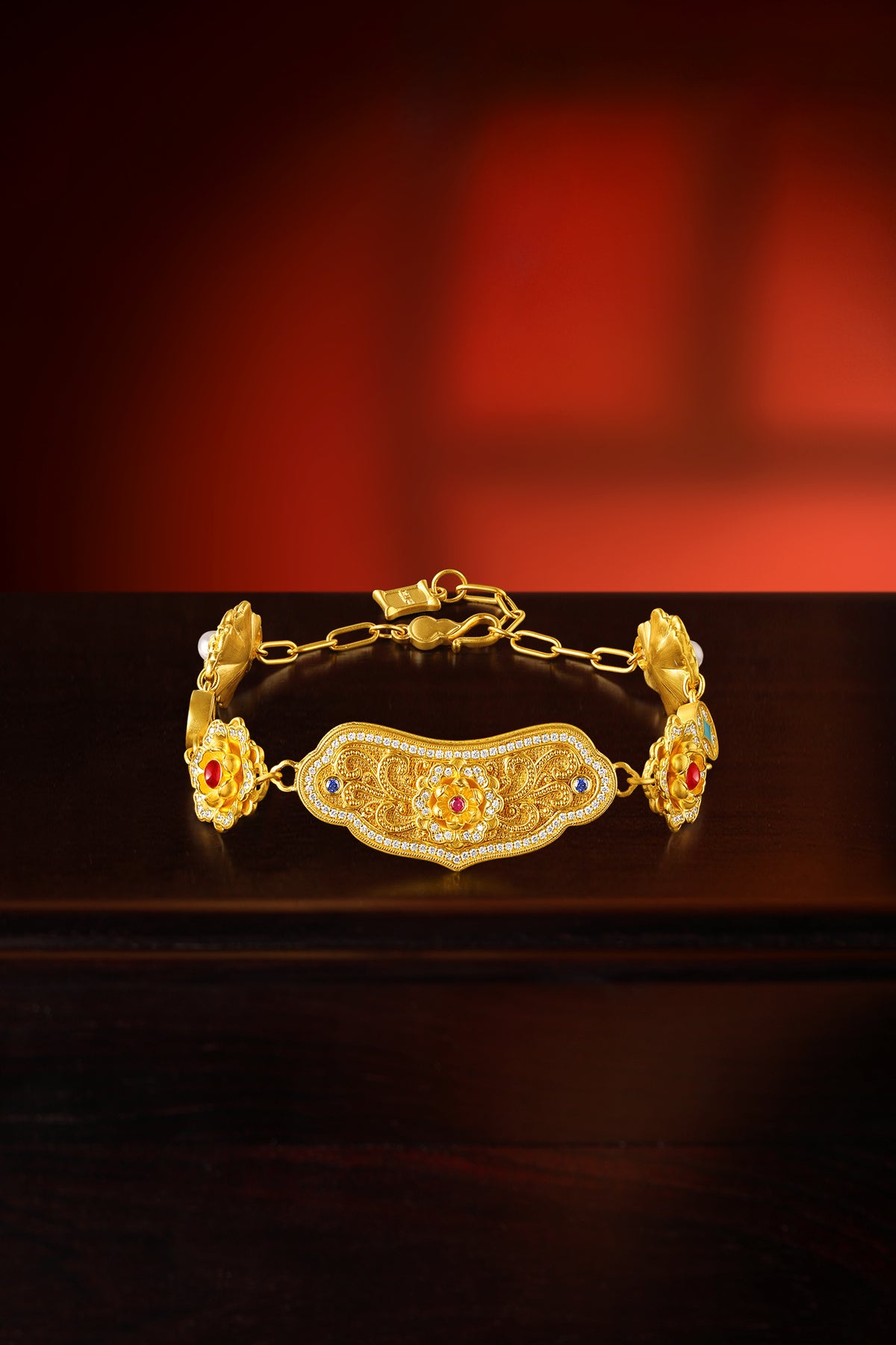 "Chinese Culture Collection - Dan Qing" 999 24K Gold Chain Bracelet Diamond 0.003ct Ruby 0.015ct Aquamarine 3-3.5mm Ruyi 35-41g W0750082