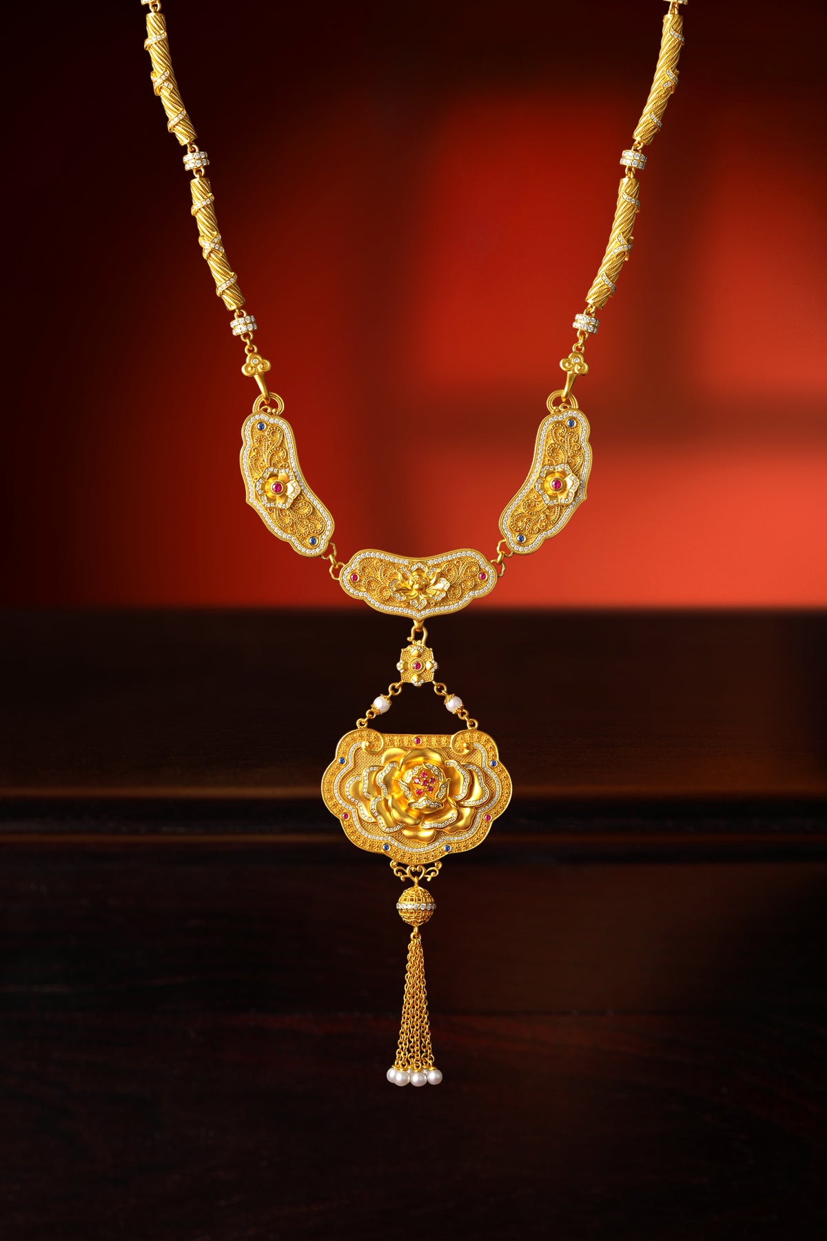 "Chinese Culture Collection - Dan Qing" 999 24K Gold Pendant Necklace Diamond 0.0061ct Ruby 0.039ct Aquamarine 4-4.5mm Ruyi 238-268g W0650048