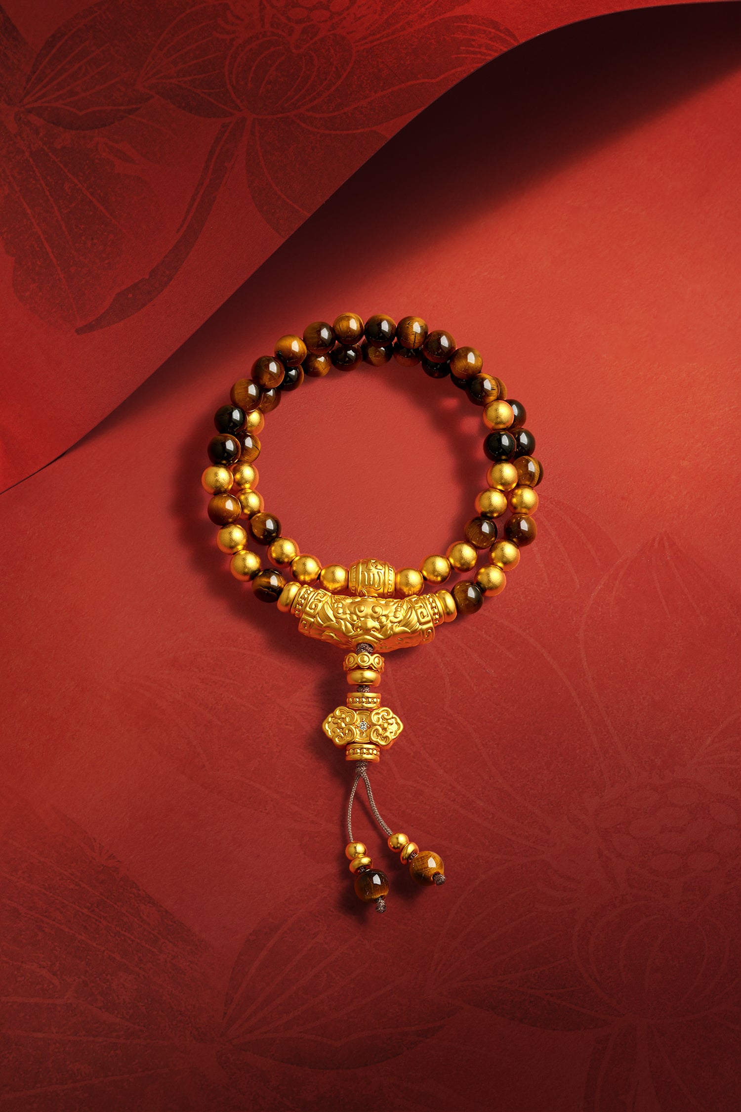 "Jiuhua Mountain" 24K Gold String Bracelet Wood Transformation Stone Engraved Ruyi Tassel 6-6.5mm 35cm A1936212