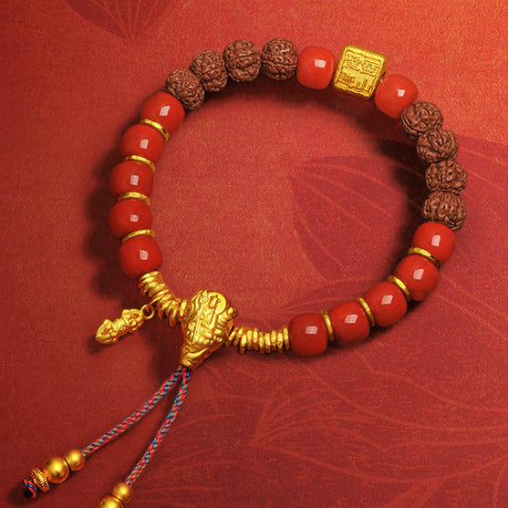 "Jiuhua Mountain" 24K Gold Beaded Bracelet Agate Bodhi Bead Ksitigarbha's Implements A1915333