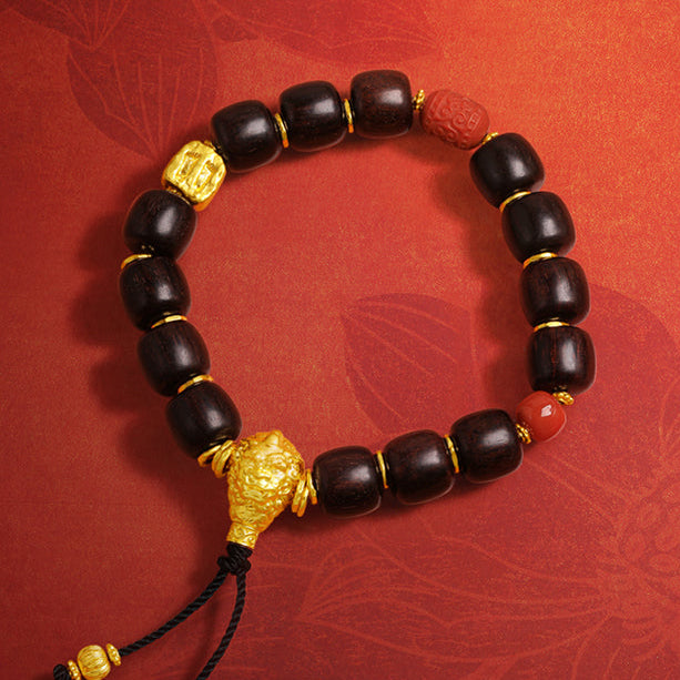 "Jiuhua Mountain" 24K Gold Beaded Bracelet Sandalwood Beads Agate Ksitigarbha's Implements A1915332