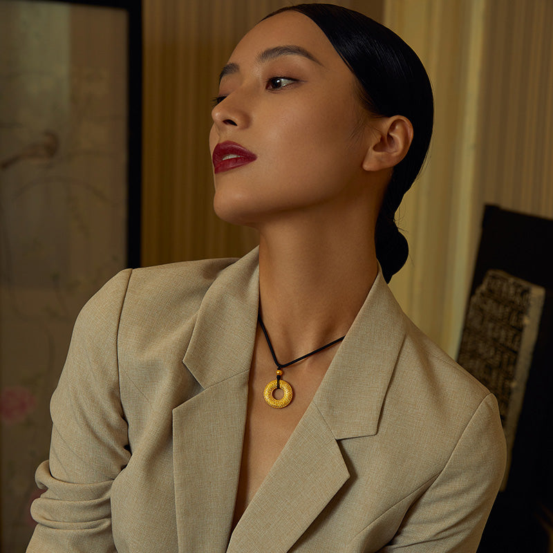 'Antiquity Gold' 999.9 24K Gold Pendant Necklace Peace Buckle 27-28g AA043248