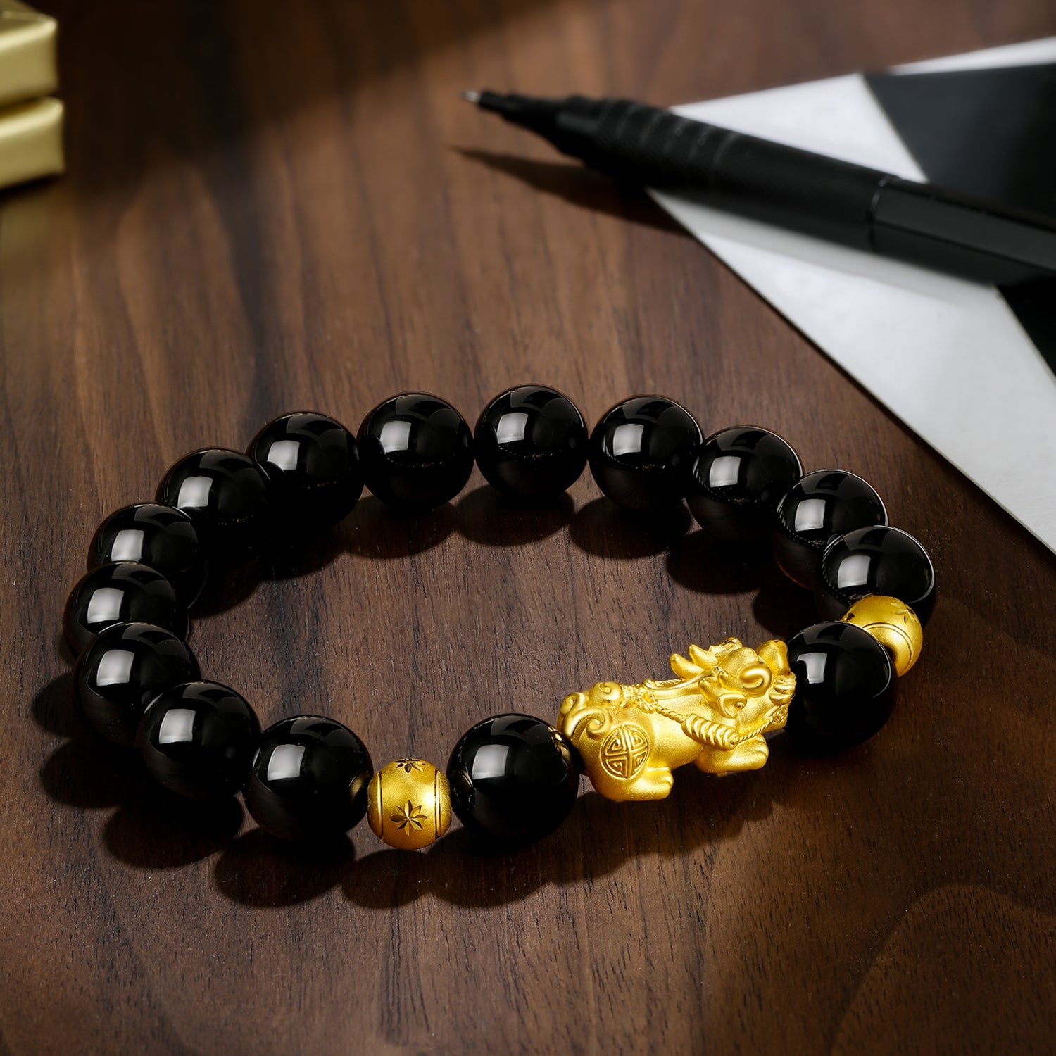 24K Gold Beaded Bracelet Agate Pixiu 3-3.4g ADMN19583