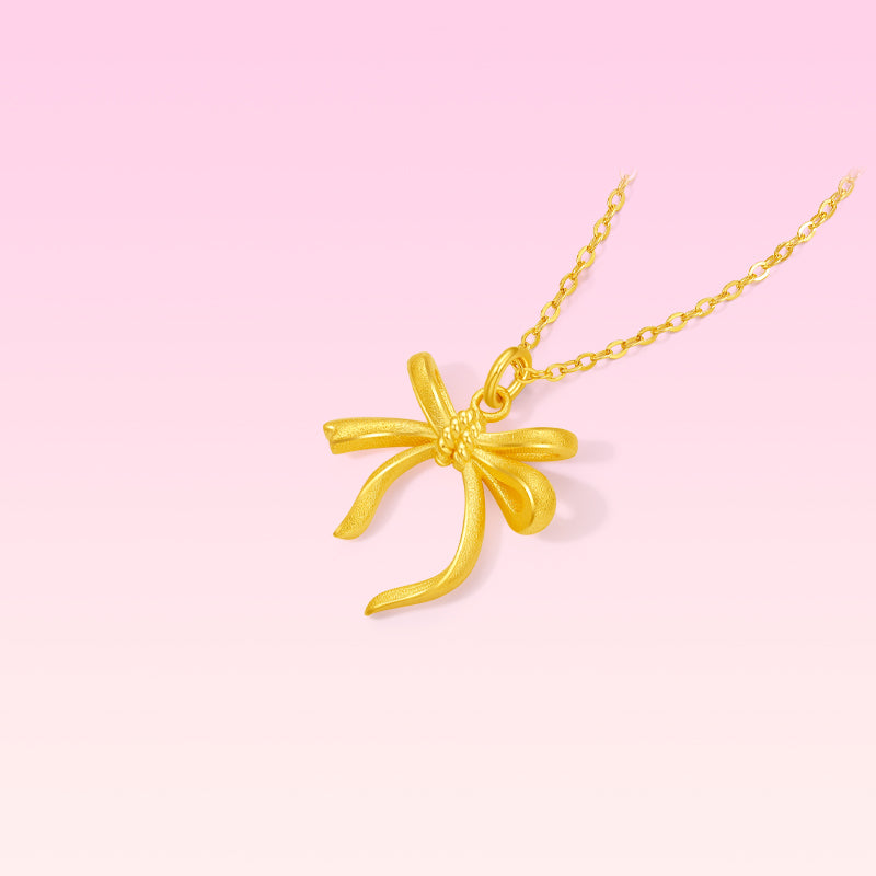 999 24K Gold Pendant Necklace Bow 3.48-3.88g A0614057