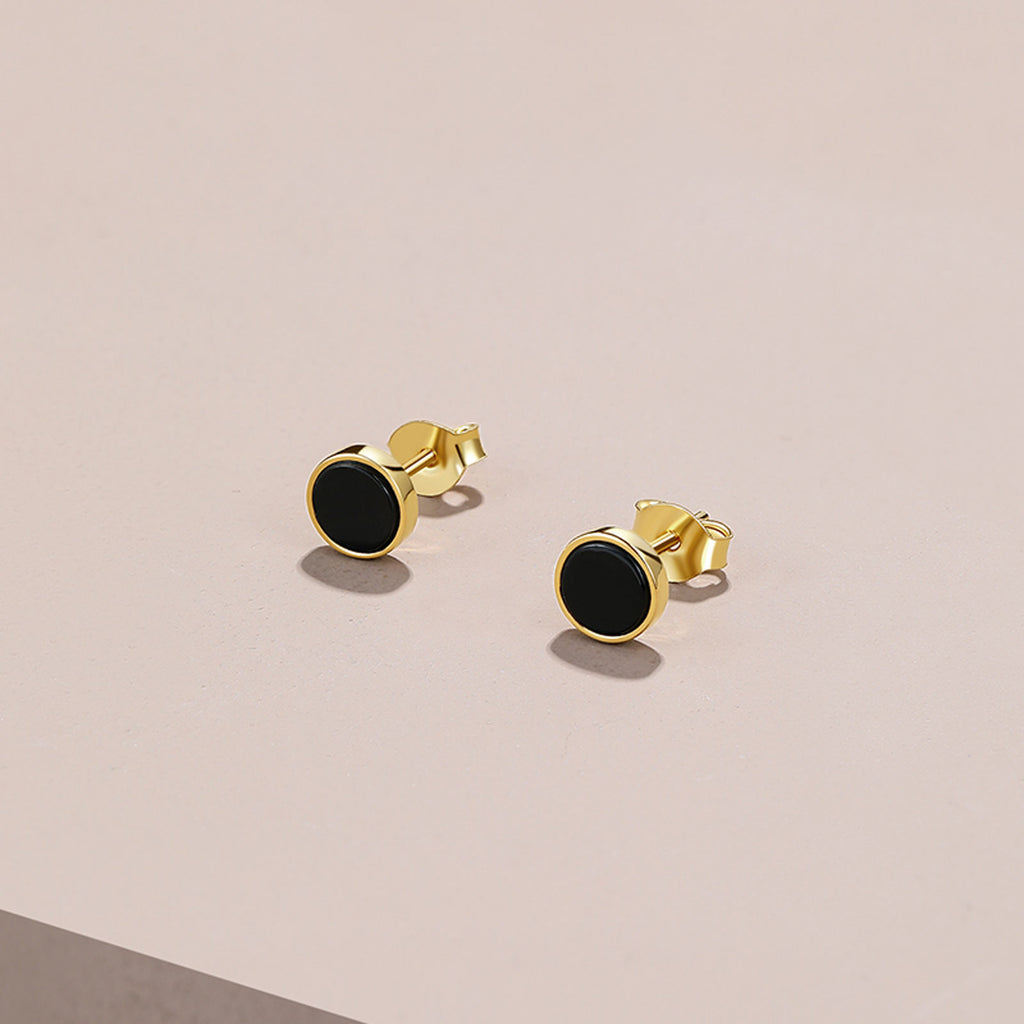 ZHOU LIU FU Stud Earrings for Women Men, 18K Gold Plated Black Onyx Earrings, 6mm Round 925 Sterling Silver Hypoallergenic Earrings J098983