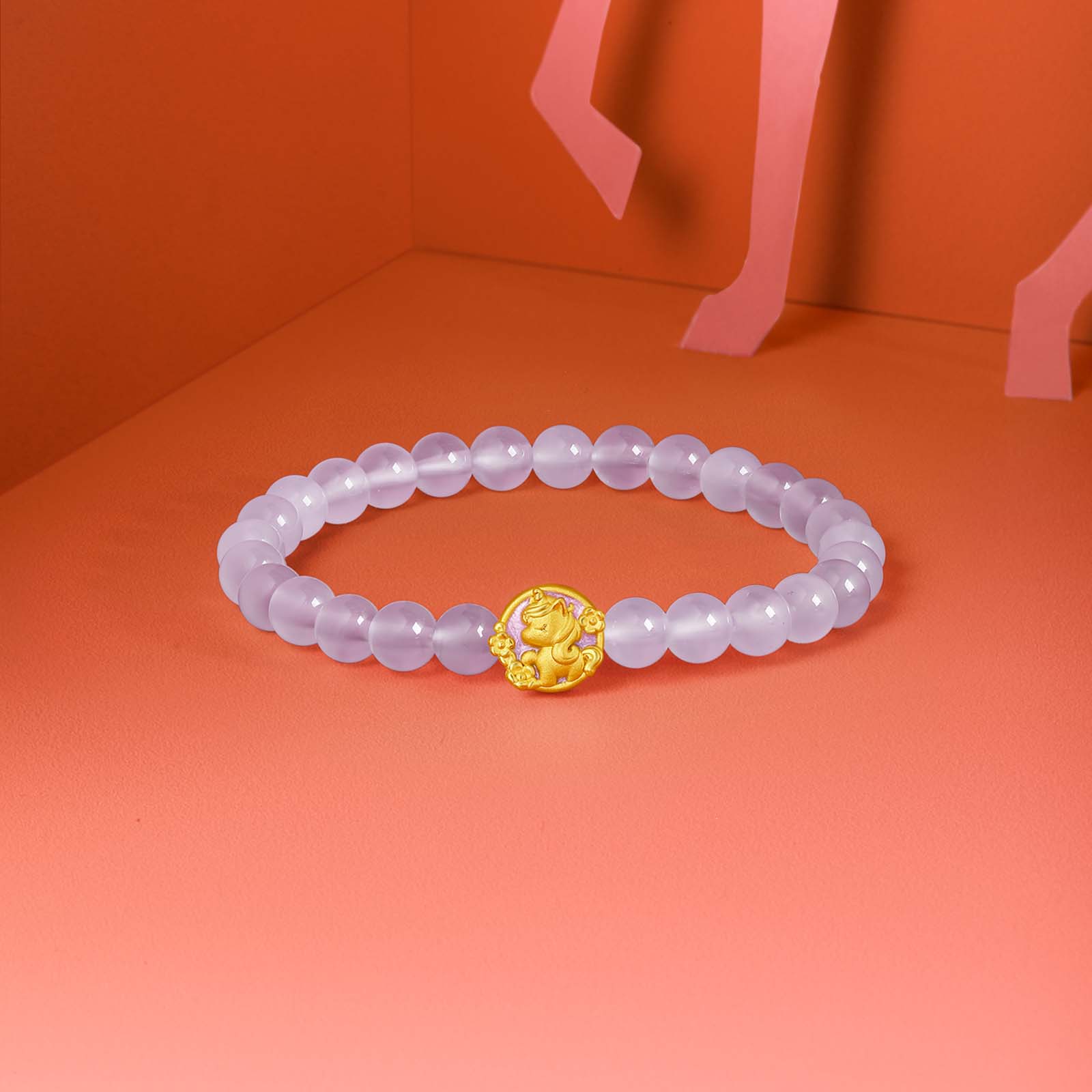 'Year of the Horse' 24K Gold Beaded Bracelet Chalcedony Horse 0.7-1g 17cm A1915521