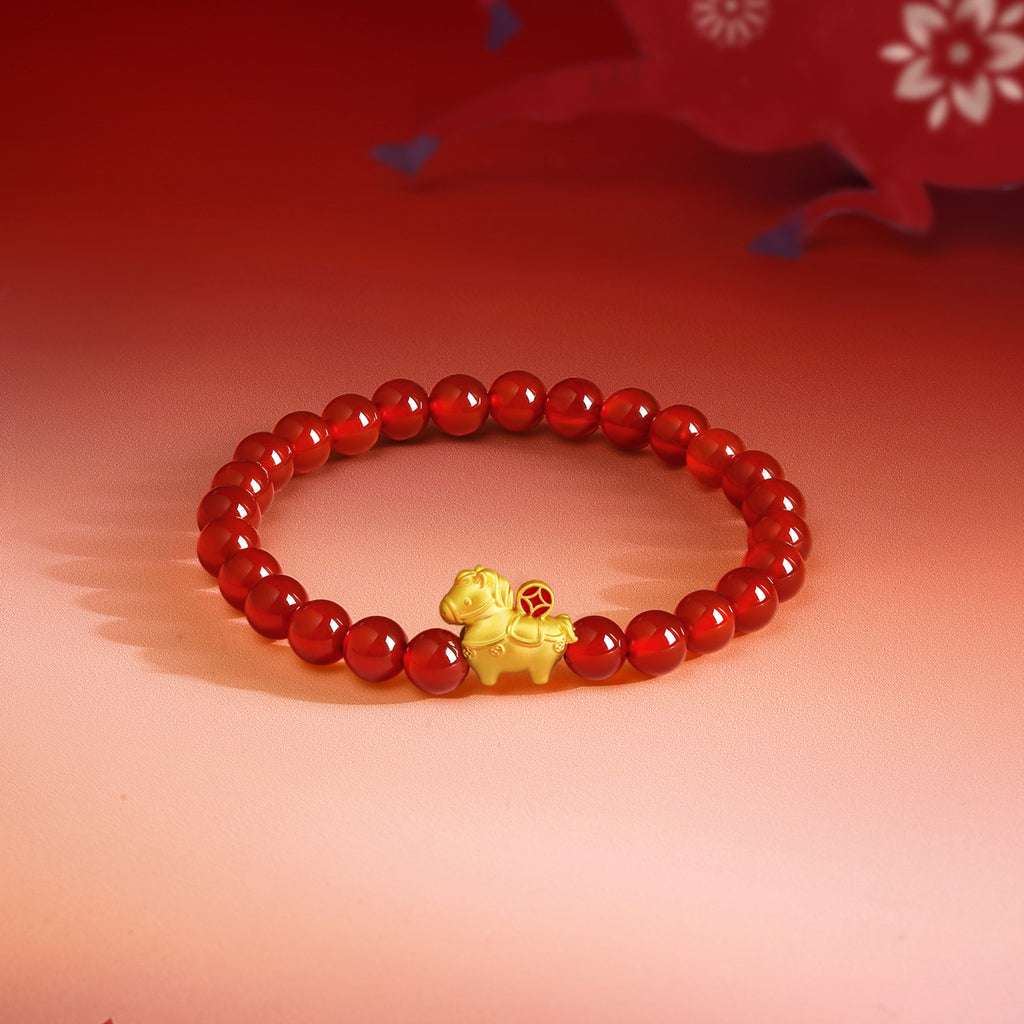'Year of the Horse' 24K Gold Beaded Bracelet Agate Horse Coin 0.7-1g 17cm A1916283