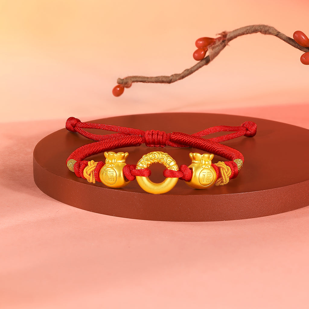 24K Gold String Bracelet 1.8-2.3g Good Fortune Bag A1712792