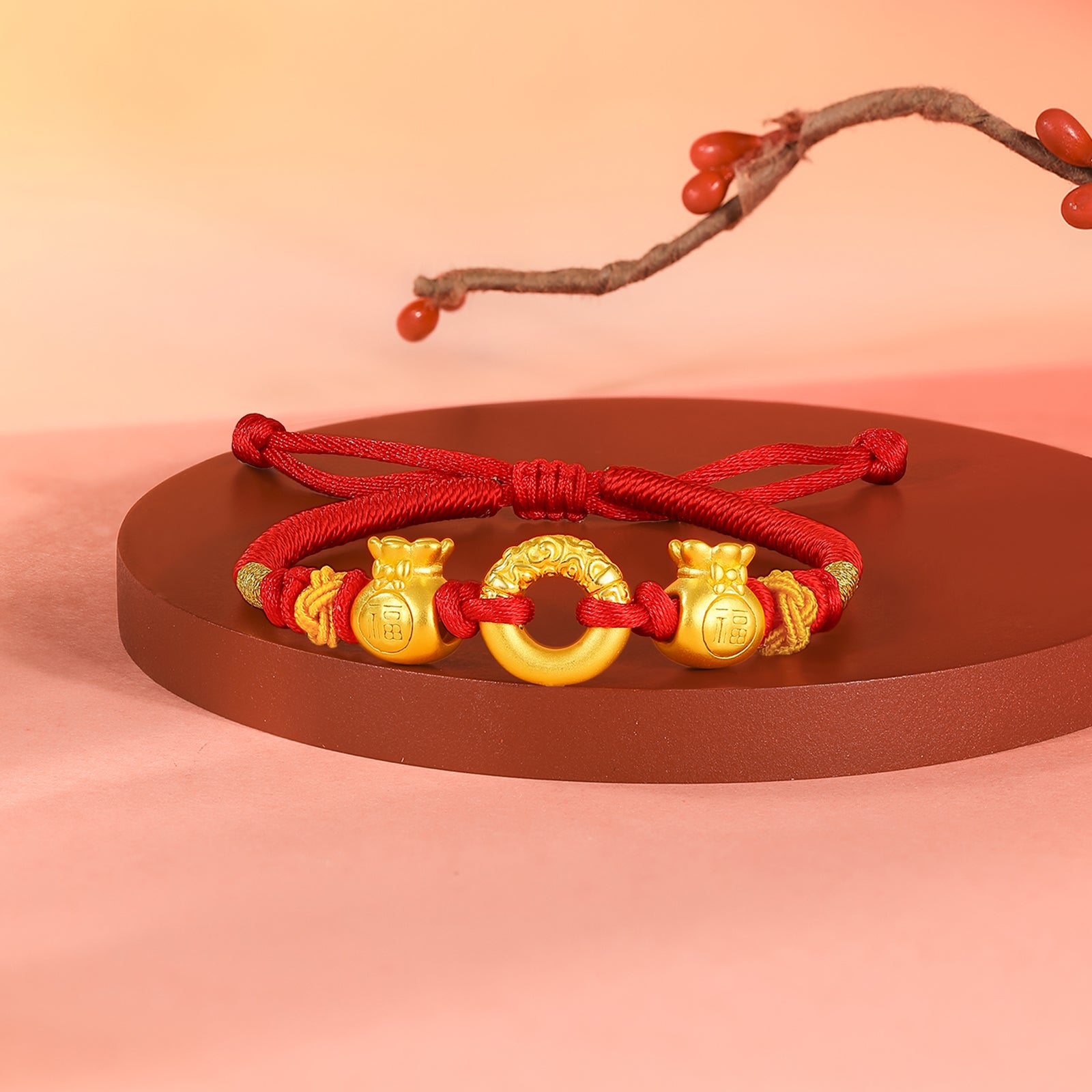 24K Gold String Bracelet 1.8-2.3g Good Fortune Bag A1712792