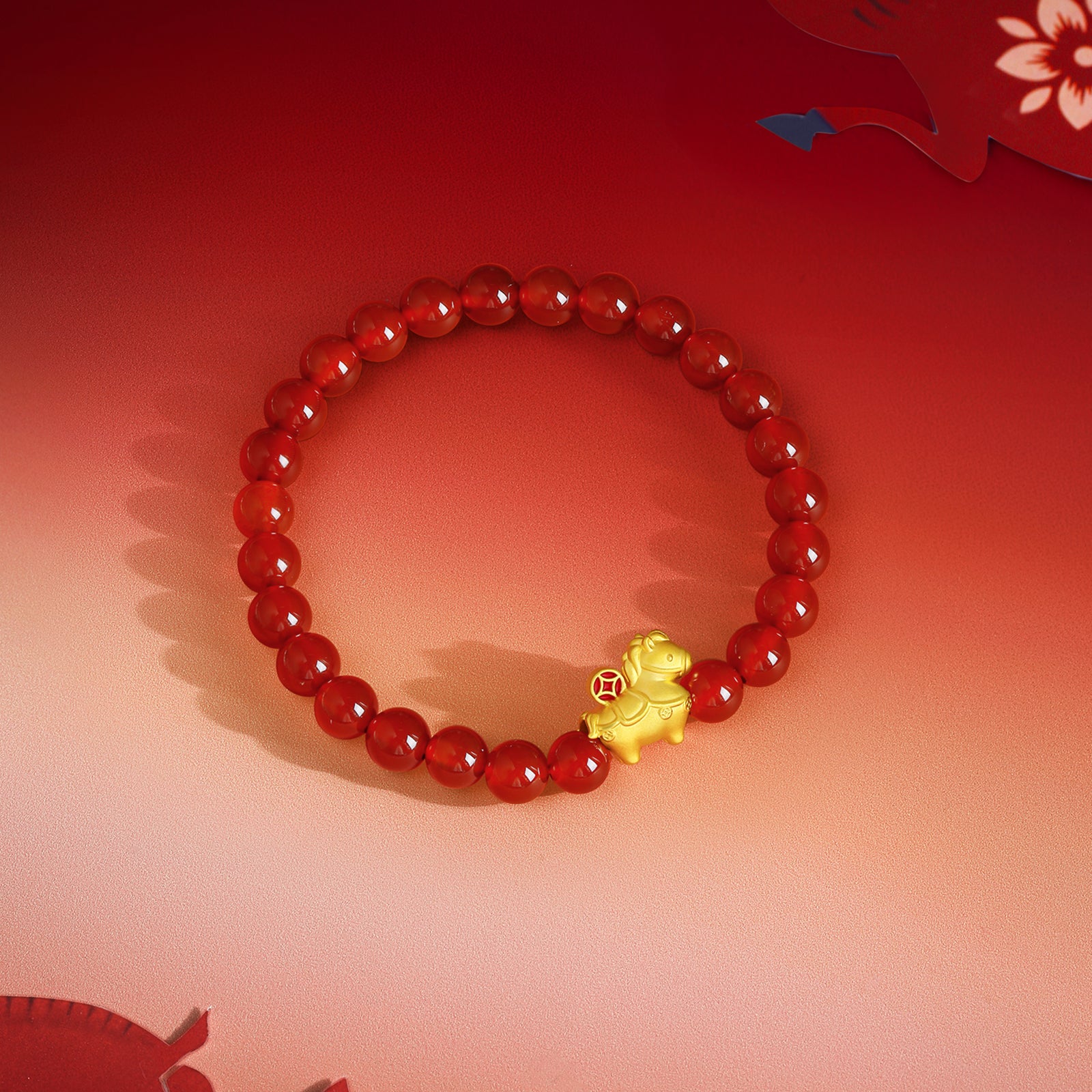 'Year of the Horse' 24K Gold Beaded Bracelet Agate Horse Coin 0.7-1g 17cm A1916283