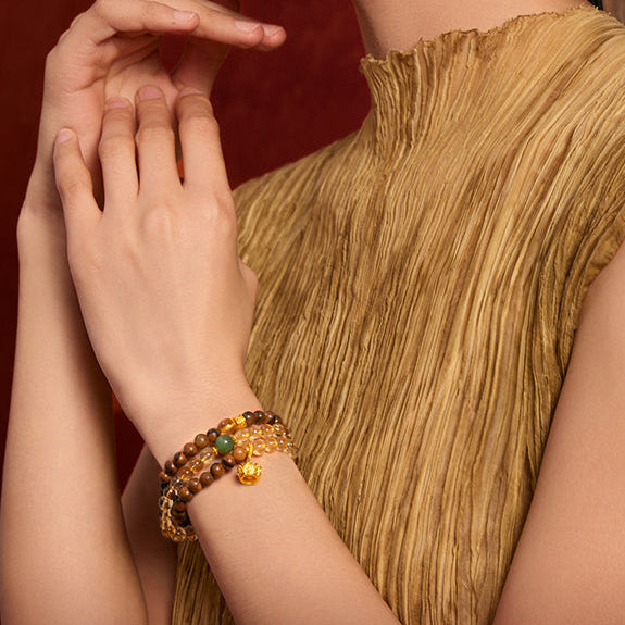 Jiuhua Mountain' 24K Gold Beaded Bracelet Citrine Heitian Jade Ksitigarbha's Implements J1915331
