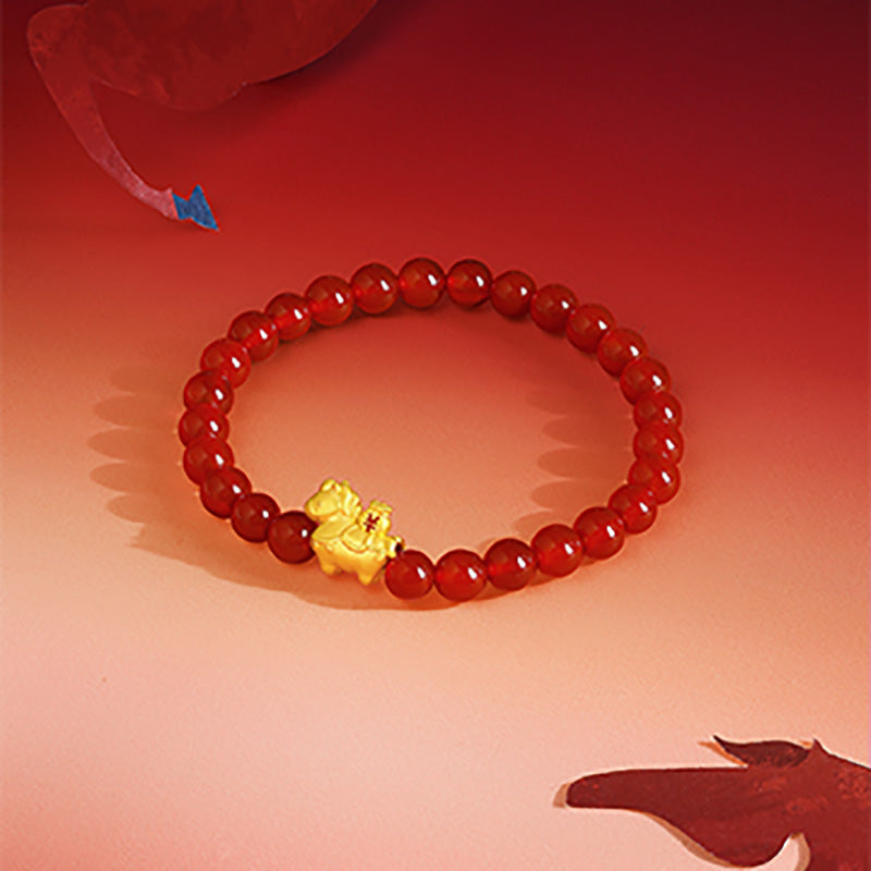 「馬年」24K金珠手鍊，瑪瑙馬圖案，寓意財富，0.7-1克，17厘米，A1916287